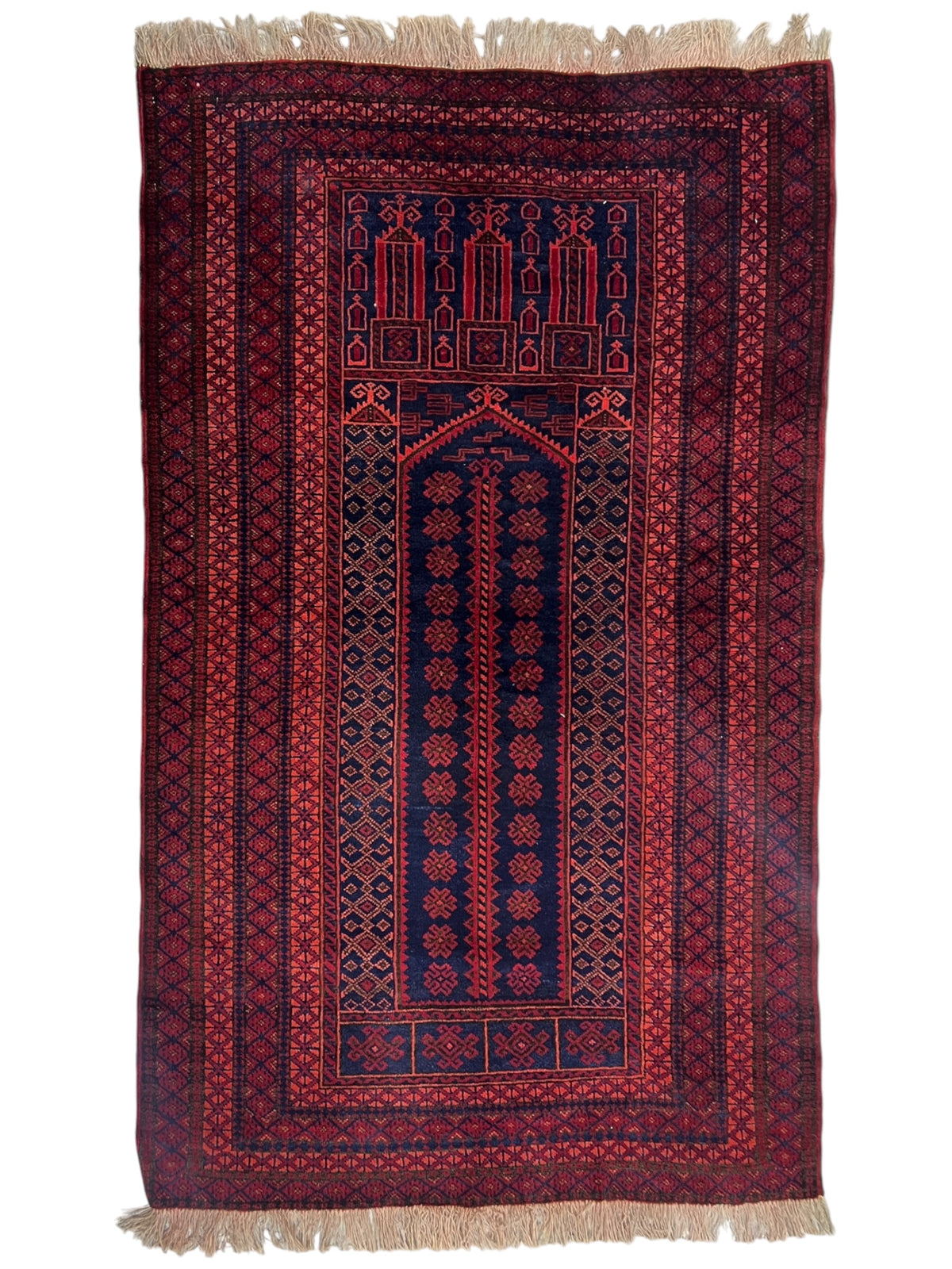 Mosque Prayer Rug 3x5 | Red, Navy & Burgundy | Hand-Knotted Wool