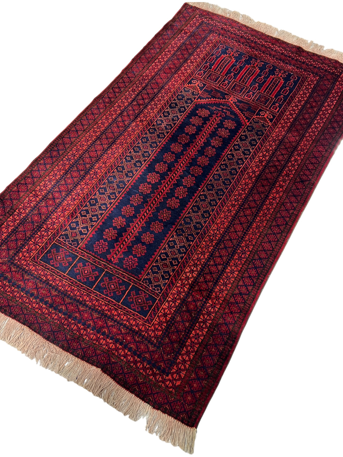 Mosque Prayer Rug 3x5 | Red, Navy & Burgundy | Hand-Knotted Wool