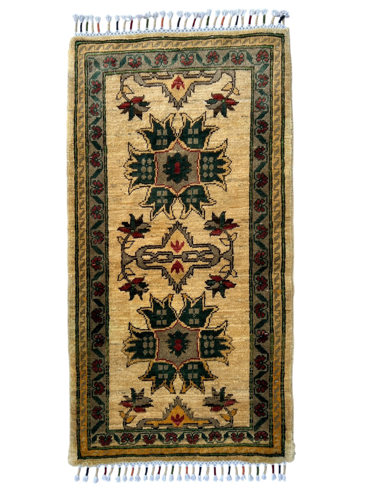 Super Kazak Rug 2x3 | Ivory, Green & Gold | Hand-Knotted Wool