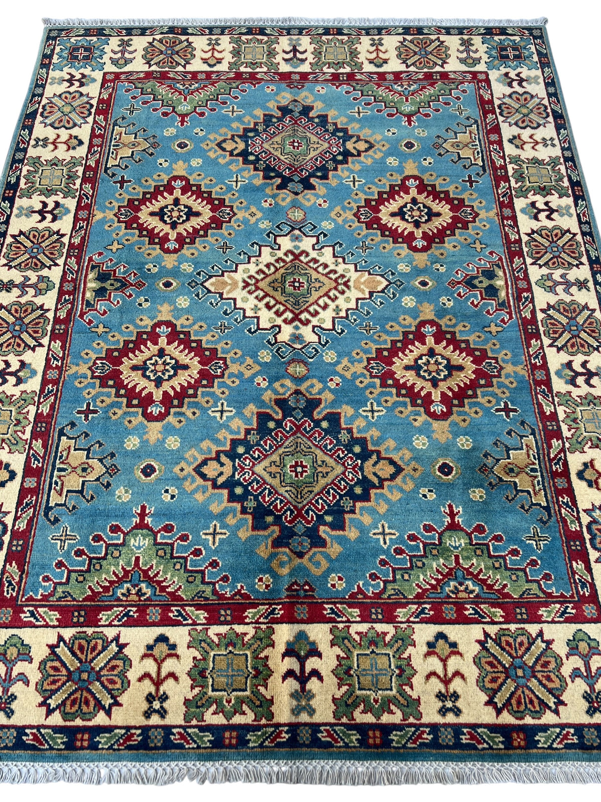 Super Kazak Rug 5x6 | Light Blue, Ivory & Red | Hand-Knotted Wool