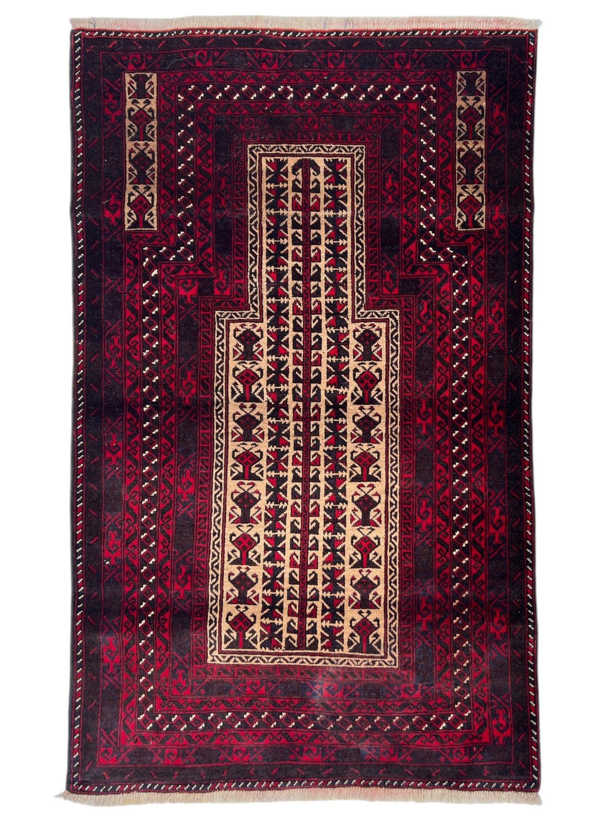 Baluch Prayer Rug 3x5 | Burgundy, Navy & Ivory | Hand-Knotted Wool