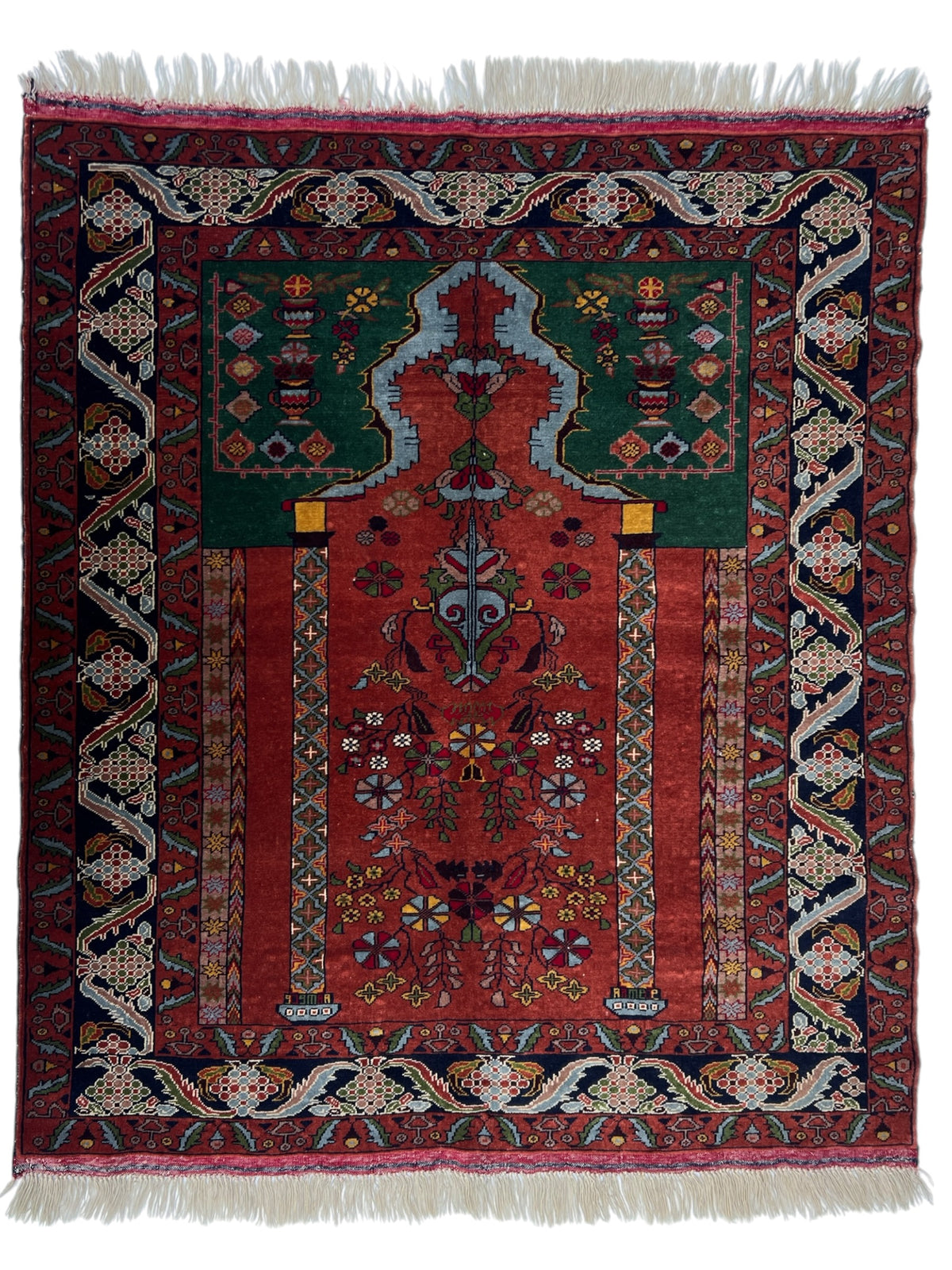 Kazak Prayer Rug 3x4 | Rust, Navy & Green | Hand-Knotted Wool