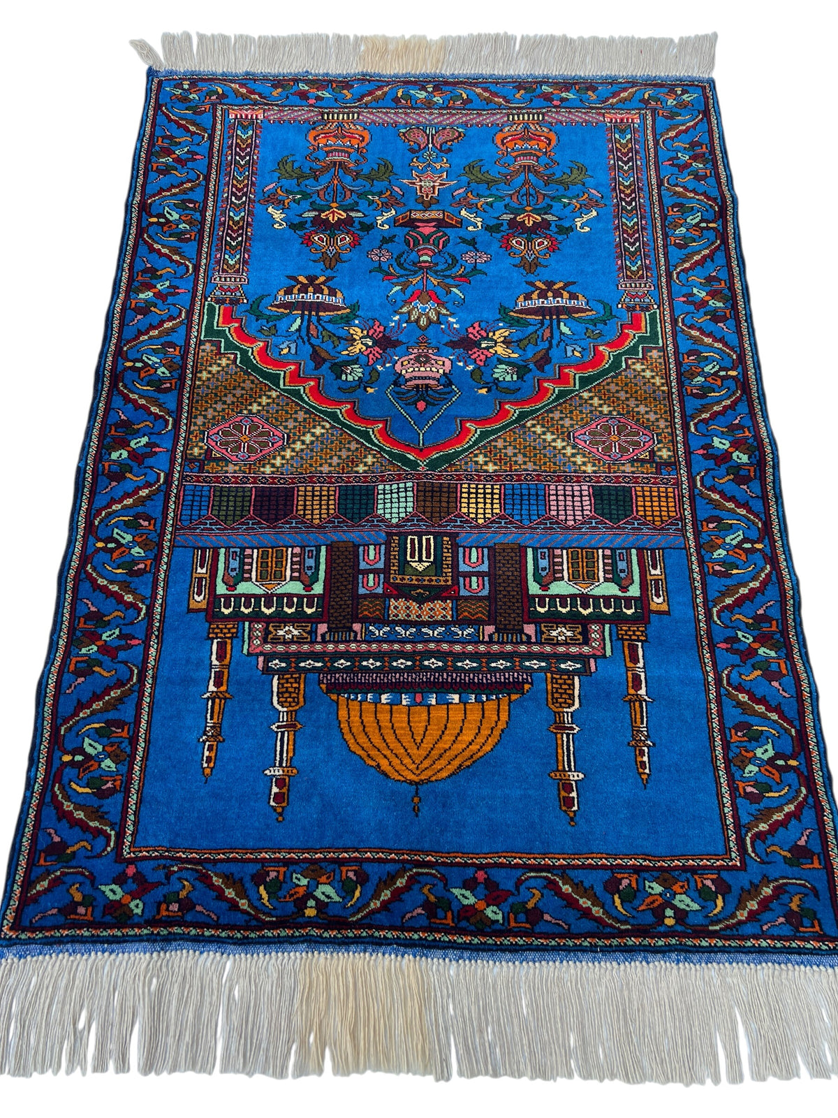 Mosque Prayer Rug 3x4 | Blue, Navy & Orange | Hand-Knotted Wool