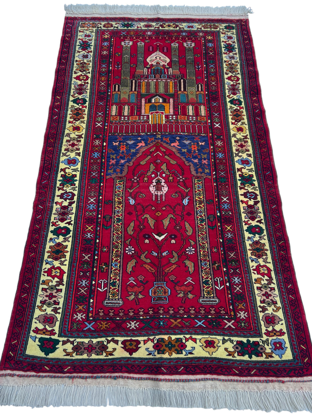Mosque Prayer Rug 3x5 | Red, Burgundy & Ivory | Hand-Knotted Wool