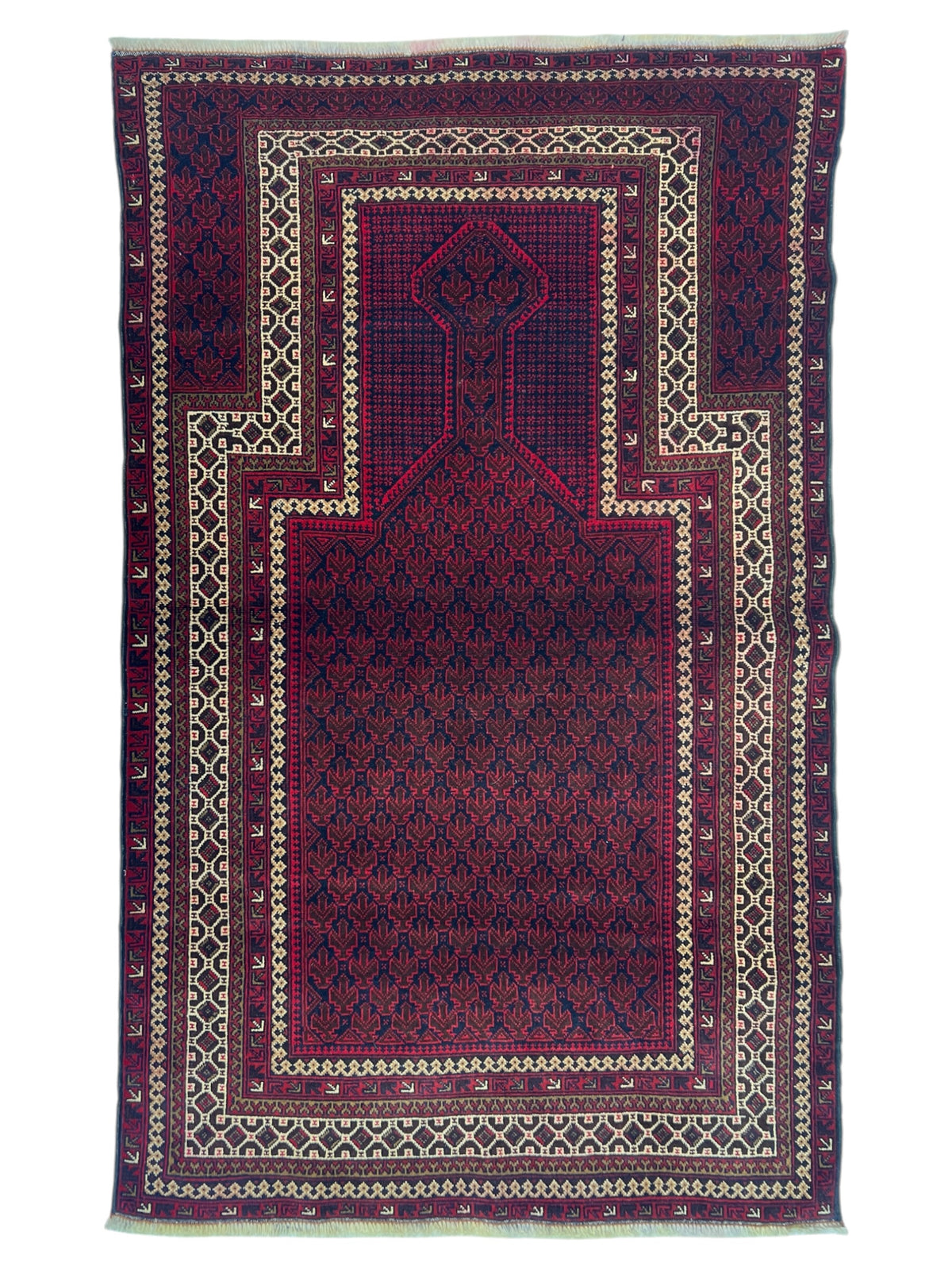 Baluch Prayer Rug 3x5 | Burgundy, Navy & Ivory | Hand-Knotted Wool