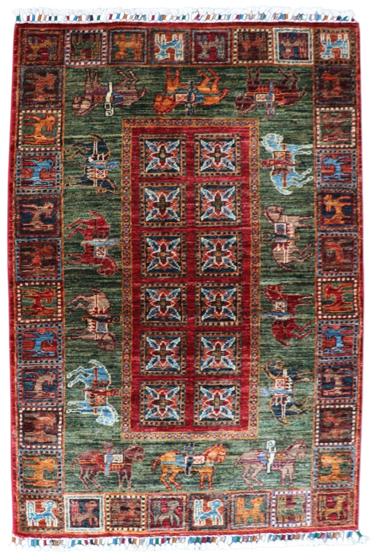 Chobi Pictorial Rug 3x4 | Green, Red & Burgundy | Hand-Knotted Wool