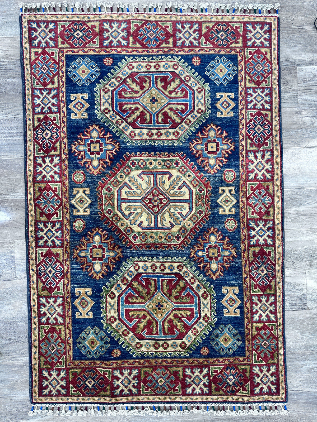 Afghan Kazak Rug 3'4" x 5', Hand-Knotted Wool, Cream & Red