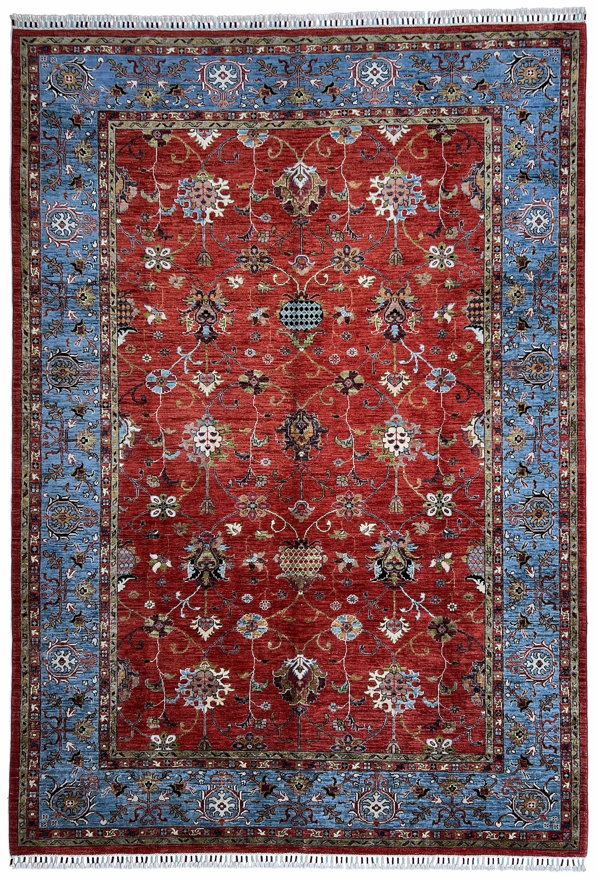 Chobi Sultani Rug 7x10 | Red, Light Blue & Ivory | Hand-Knotted Wool | 6'8" x 9'8"