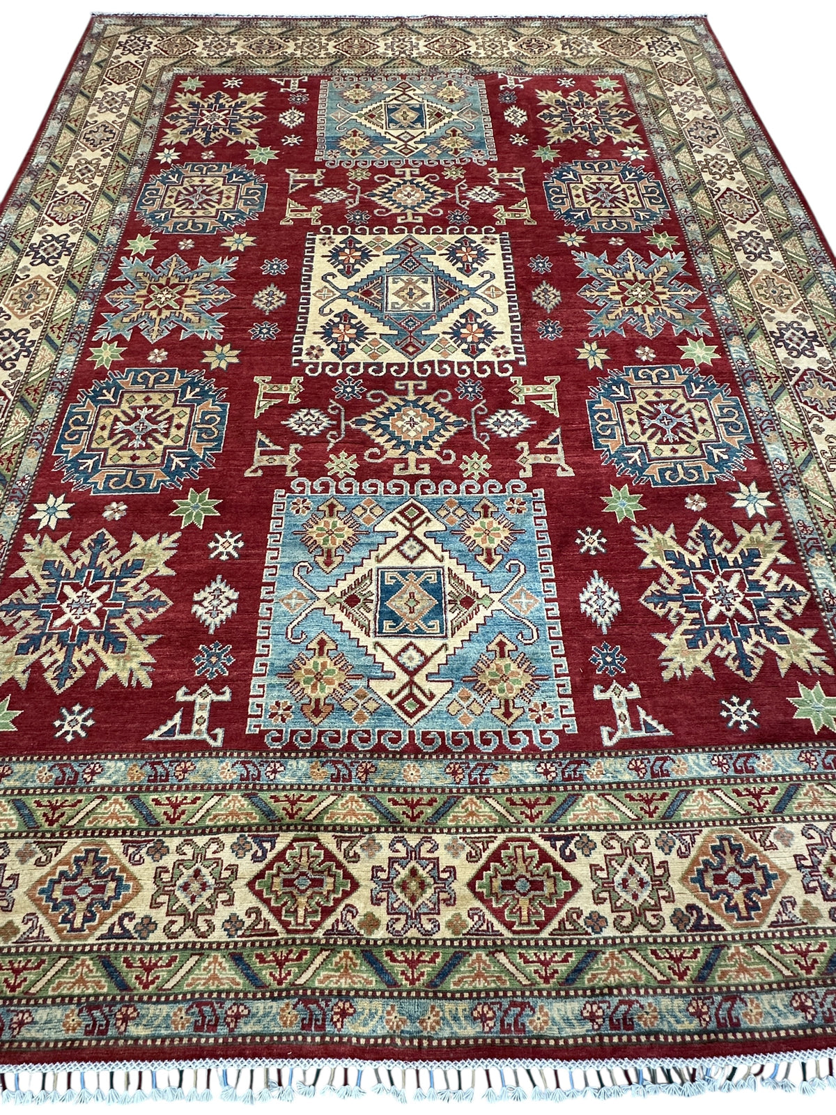 Afghan Kazak Rug 8'10" x 11'11", Hand-Knotted Wool, Cream & Red, view 2
