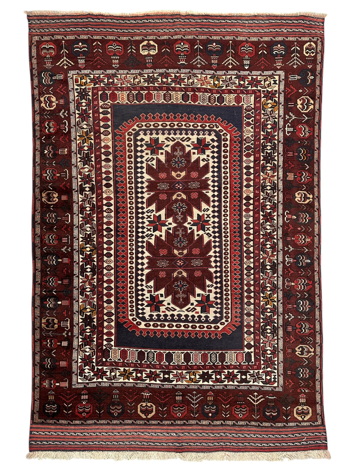 Afghan Baluch Rug 6x9 | Burgundy, Ivory & Navy | Hand-Knotted Wool | 6'4" x 9'4"