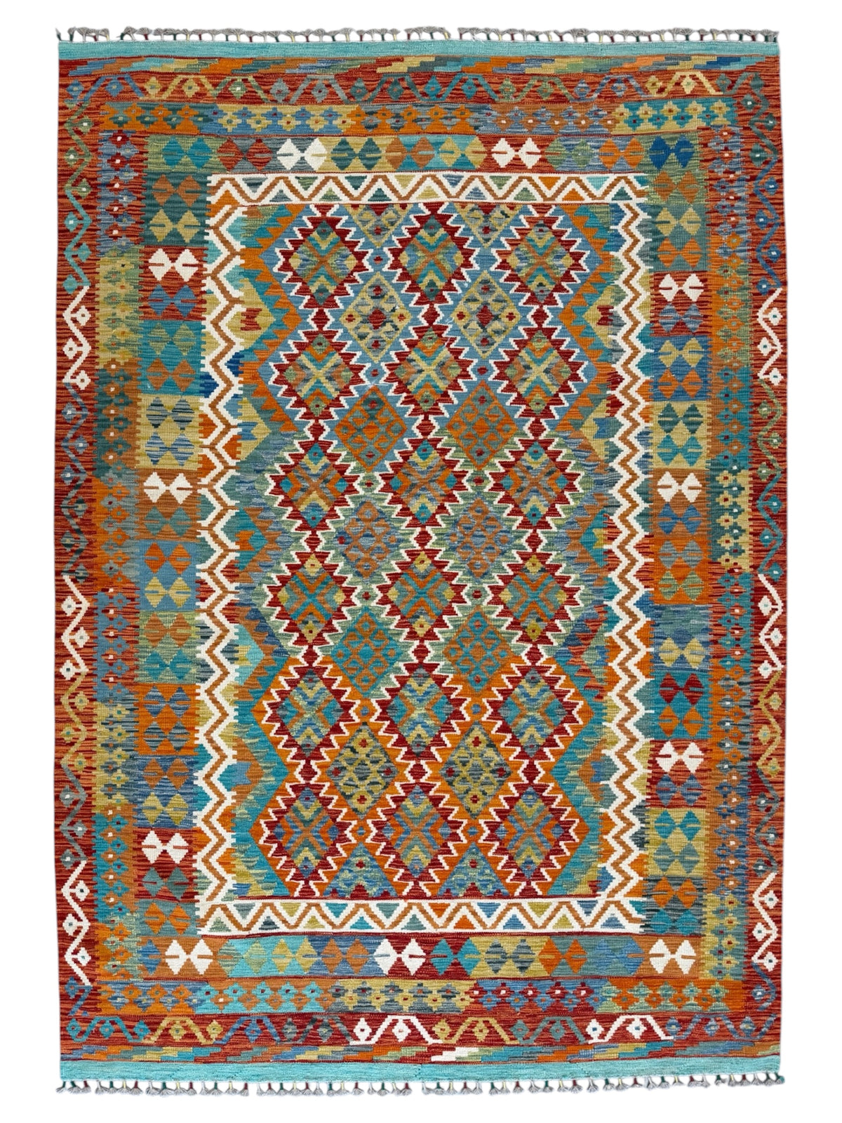 Afghan Kilim Rug 7x10, Rust, Teal & Orange, Hand-Woven Wool Flatweave