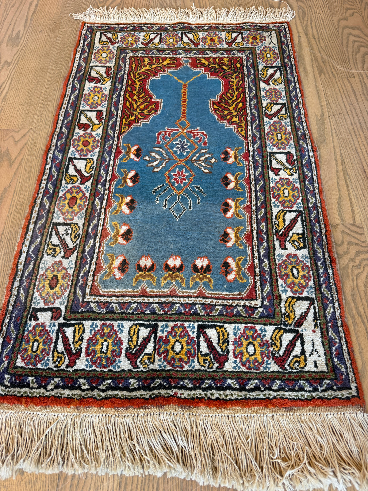 Turkish Kayseri Prayer Rug 2x2 | Blue, Ivory & Rust | Hand-Knotted Silk