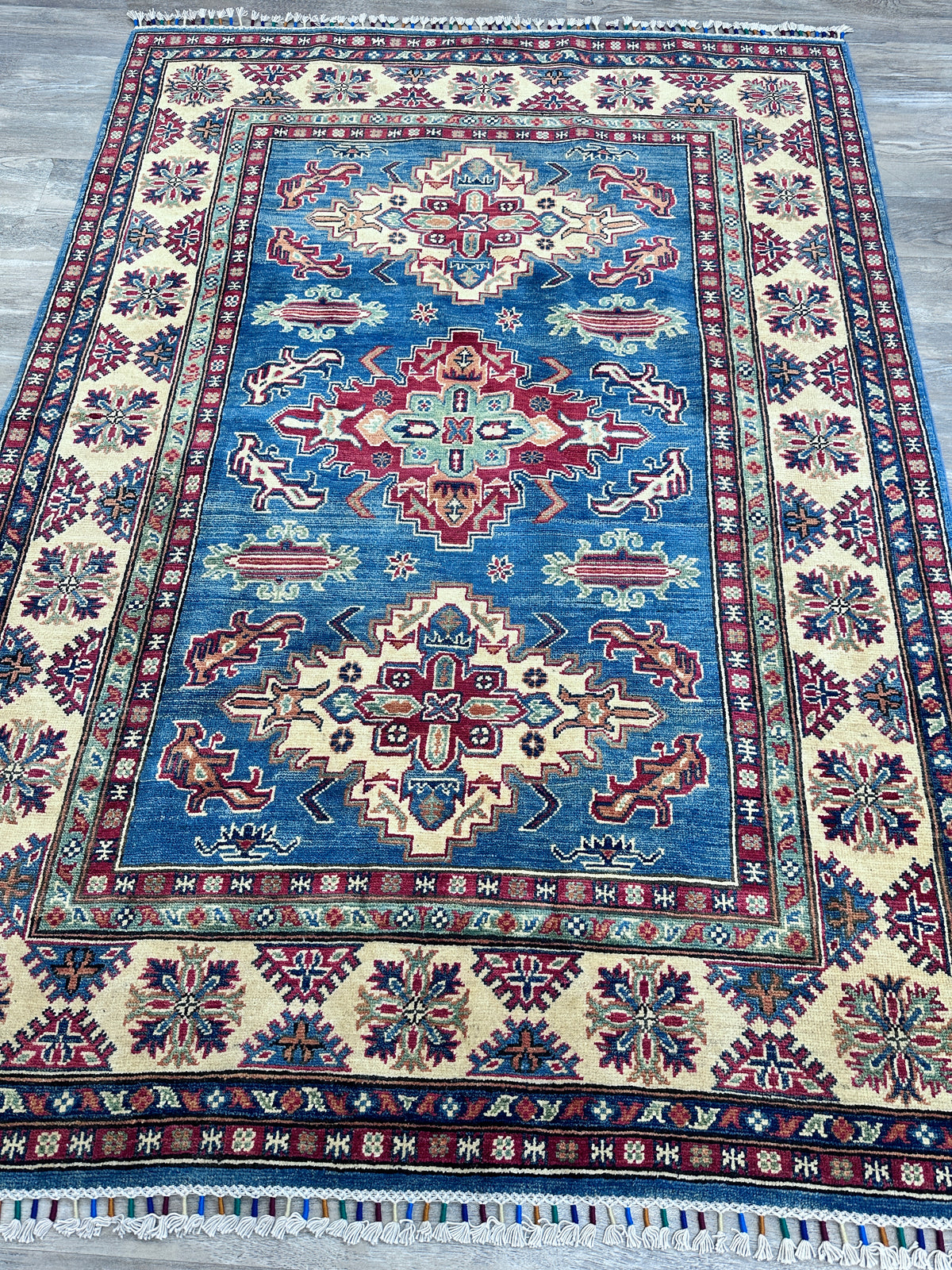 Afghan Kazak Rug 5' x 7', Hand-Knotted Wool, Blue & Red, view 2