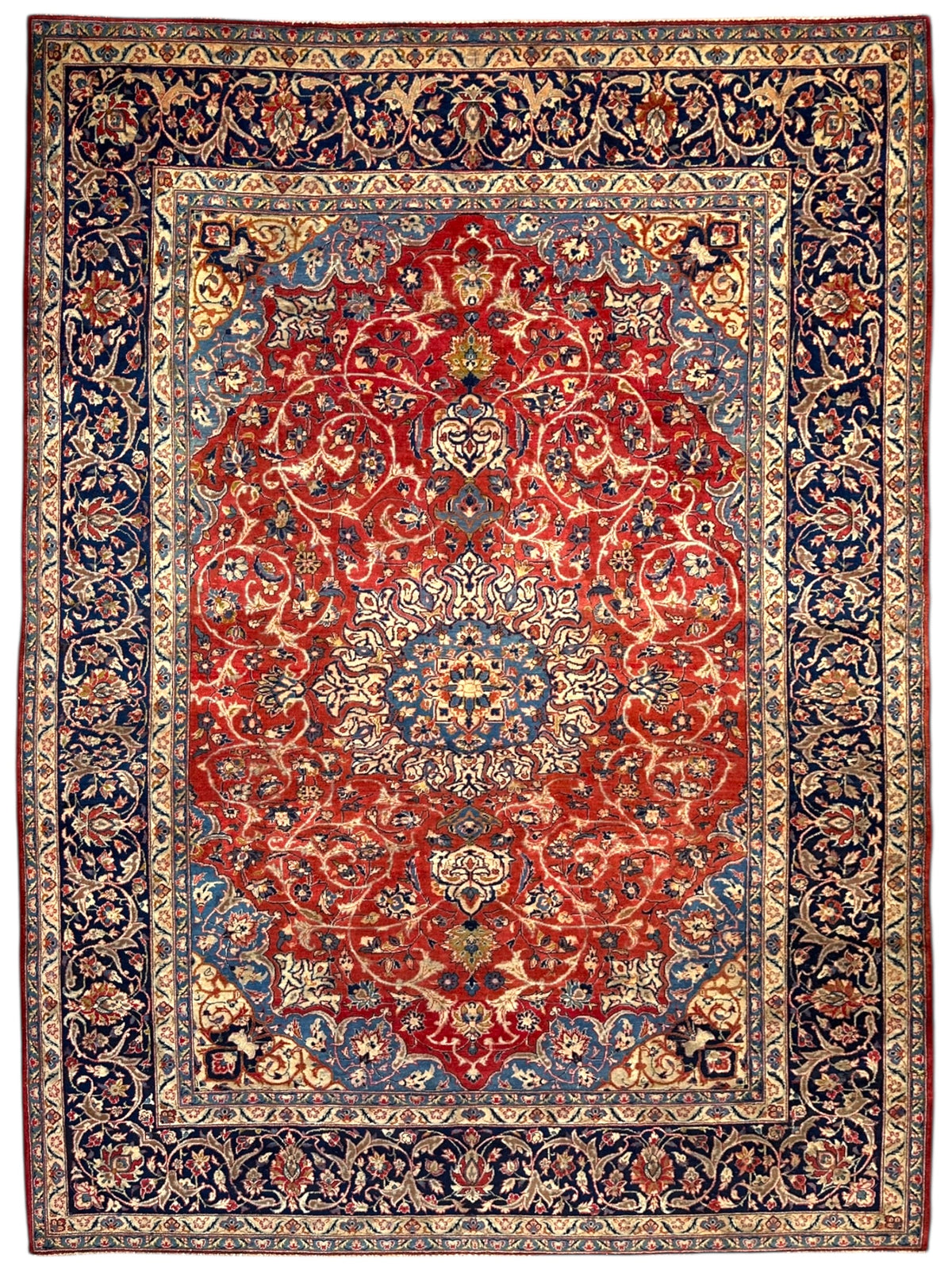 Vintage Persian Kashan Rug 8' x 11'3", Hand-Knotted Wool, Red & Navy