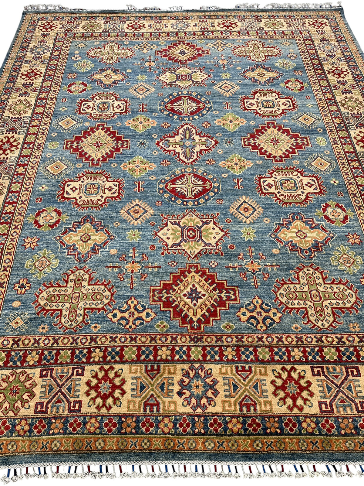Afghan Kazak Rug 8'2" x 9'10", Hand-Knotted Wool, Blue, Cream & Red, view 2