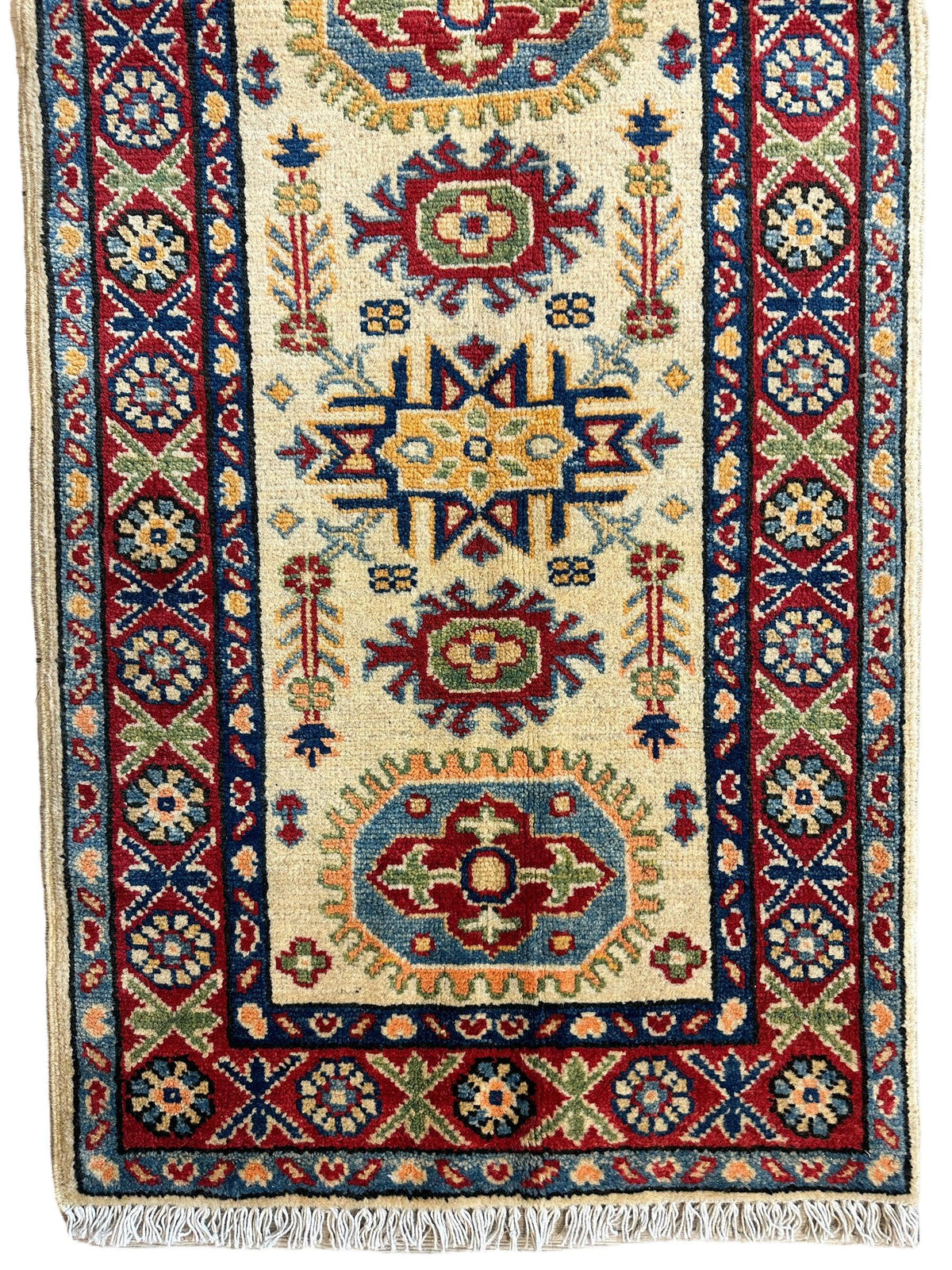 Afghan Super Kazak Runner 2'2" x 6', Hand-Knotted Wool, Beige & Blue, view 2