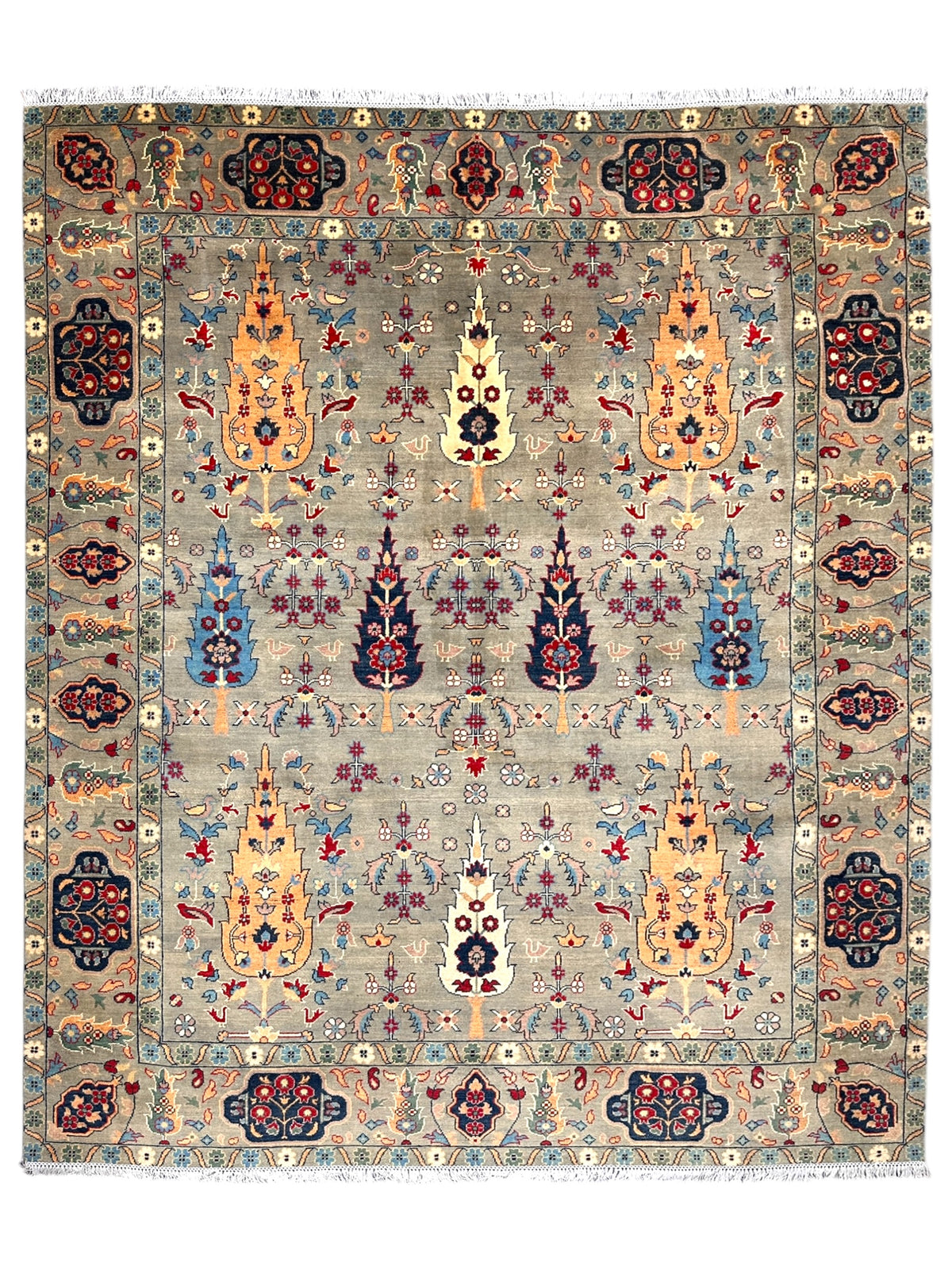 Afghan Kazak Rug 8x10, Gray, Orange & Navy, Hand-Knotted Wool