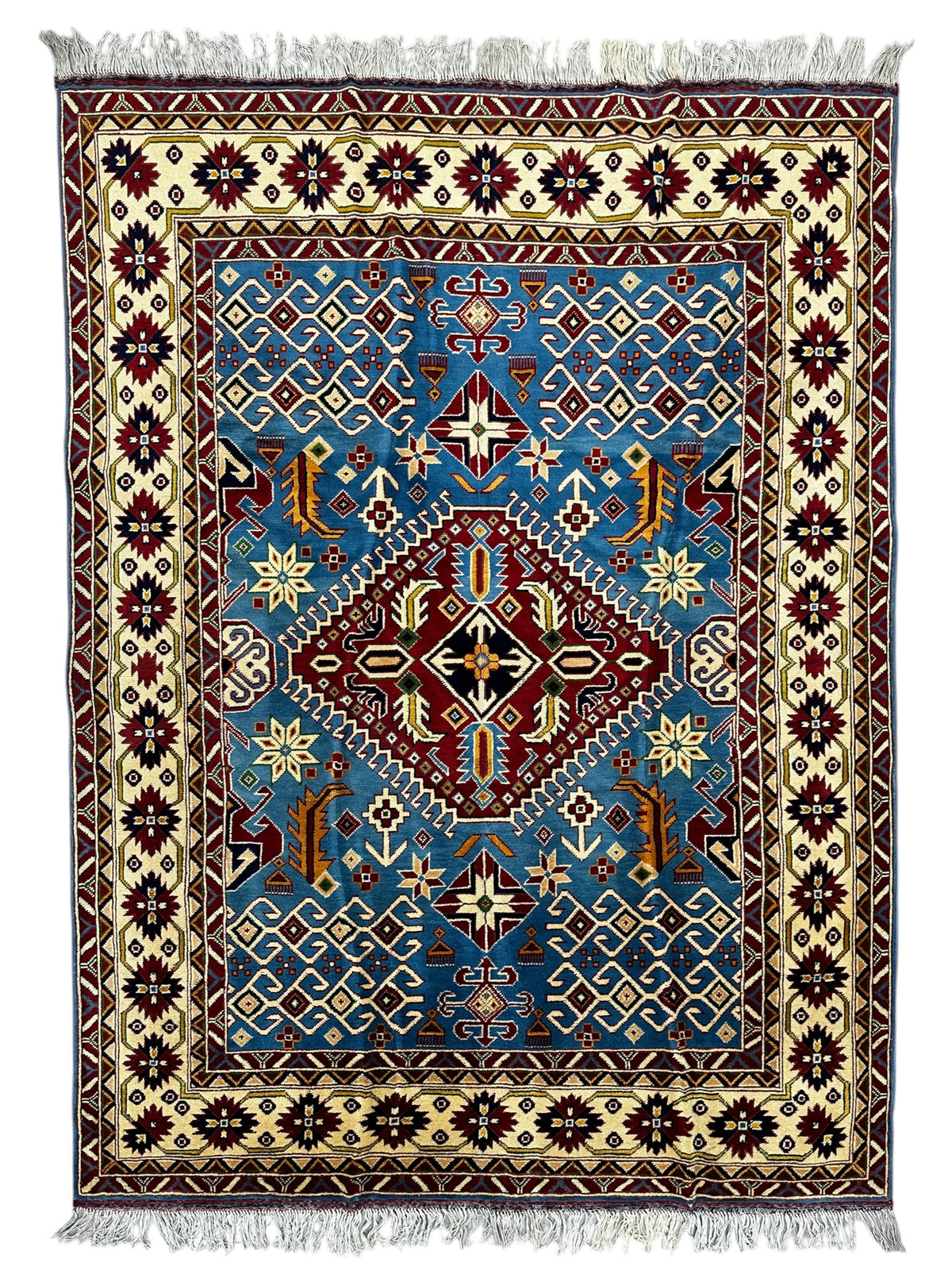 Afghan Kazak Rug 5' x 6'8", Hand-Knotted Wool, Blue & Cream