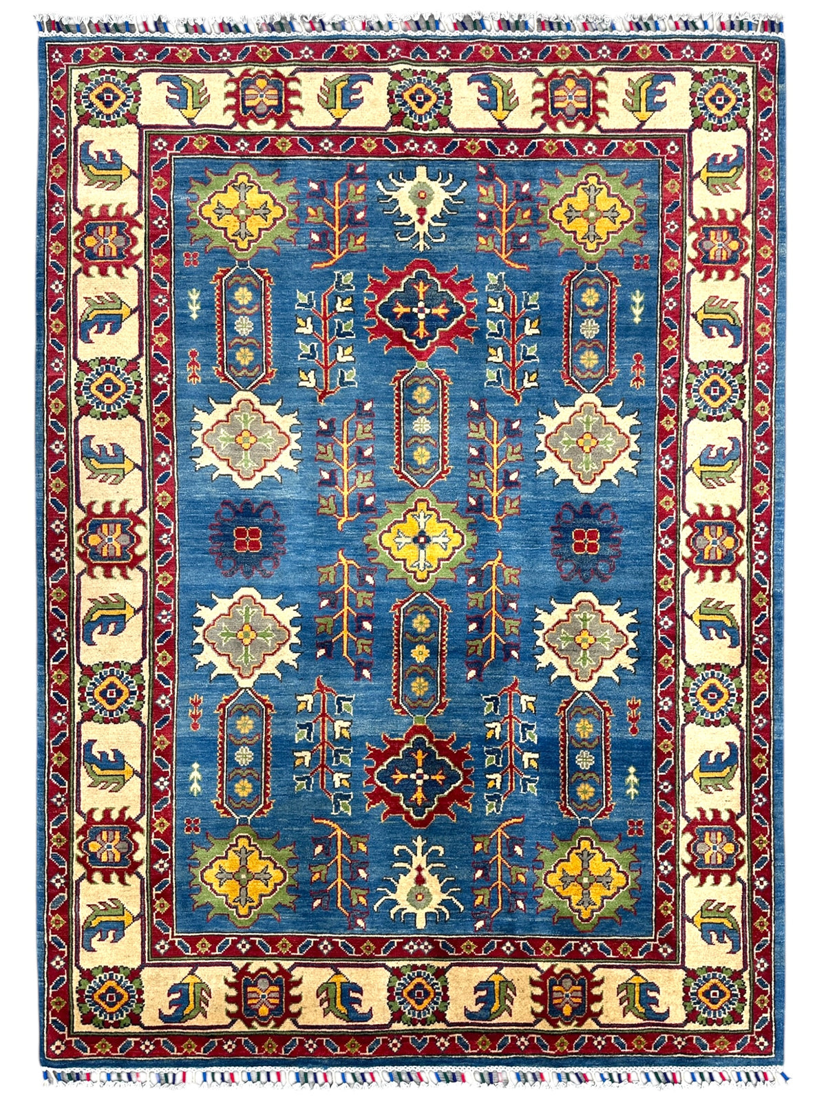 Afghan Kazak Rug 5'6" x 7'7", Hand-Knotted Wool, Blue, Red & Beige
