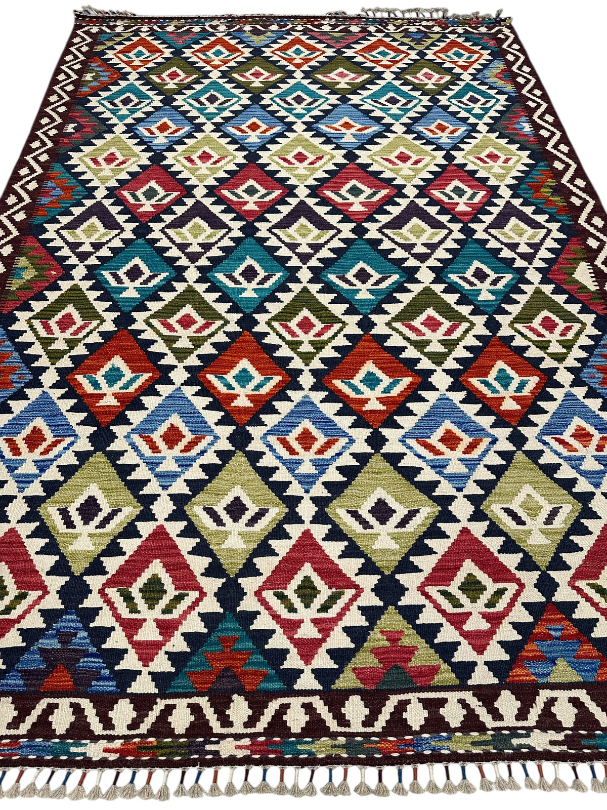 Afghan Kilim Rug 6x8, Navy, Ivory & Rust, Diamond Lattice Wool Flatweave, view 2