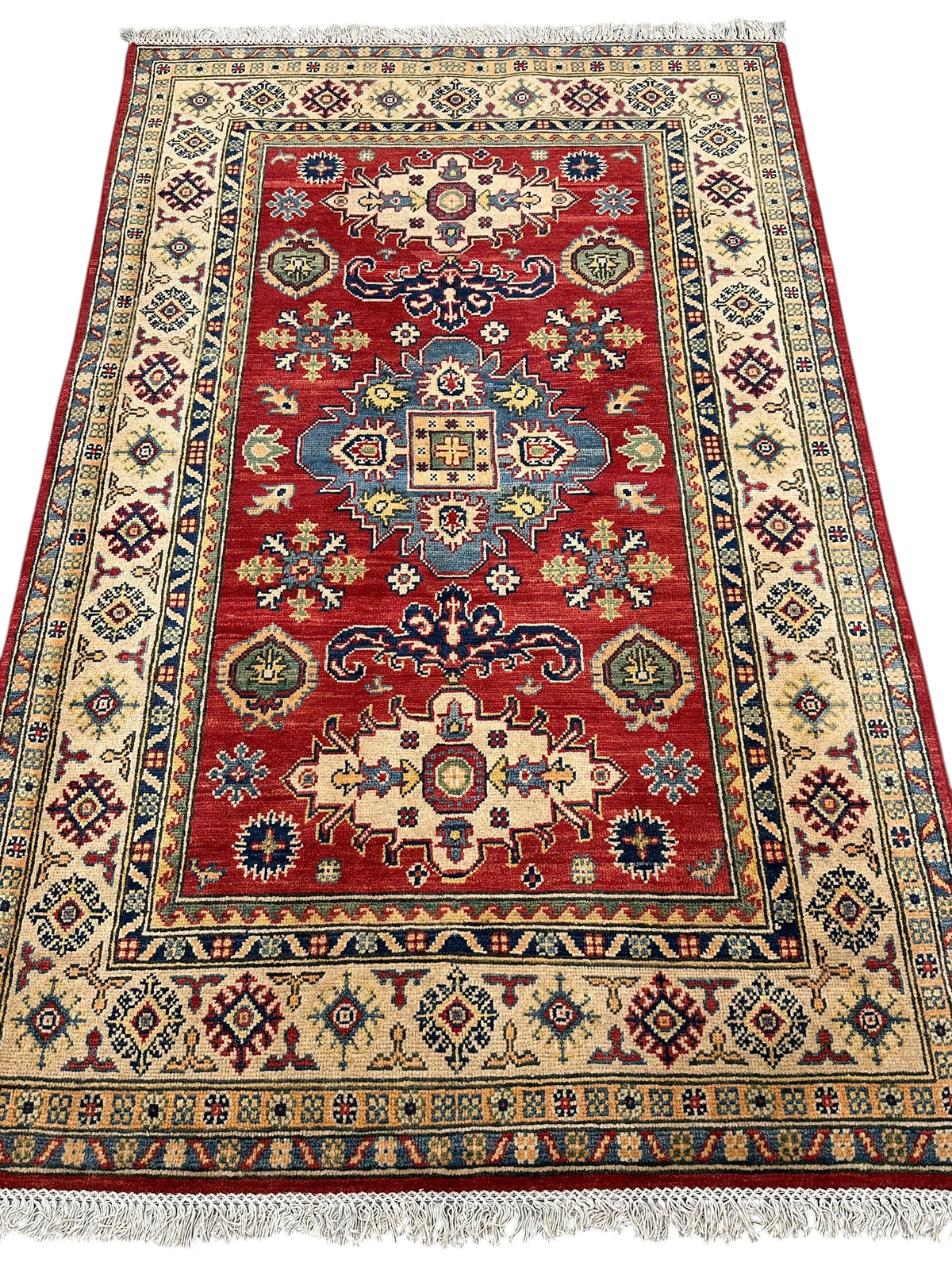 Afghan Kazak Rug 4'1" x 5'10", Hand-Knotted Wool, Red, Navy & Ivory, view 2
