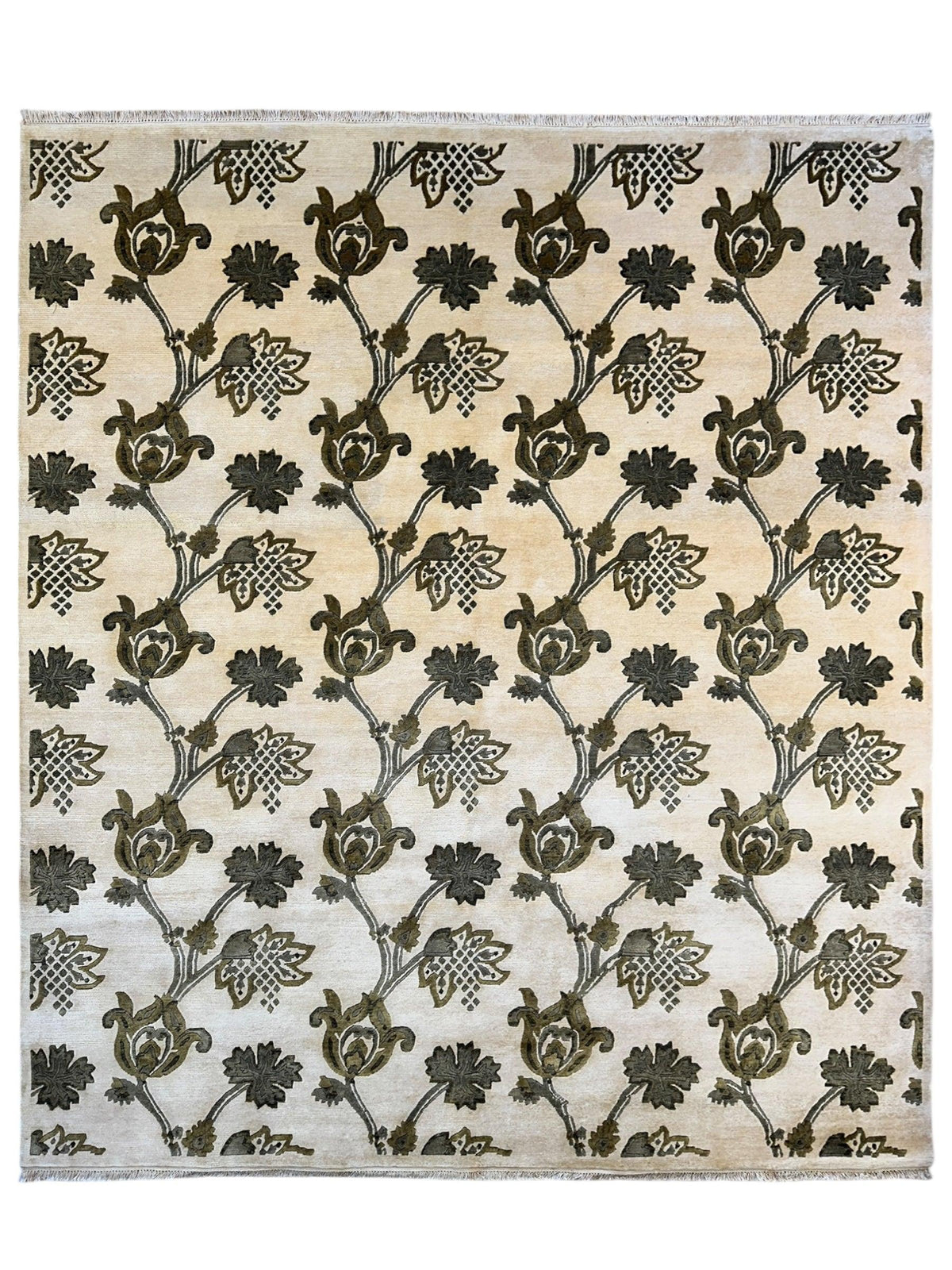Indian Floral Rug 7'11" x 9'9", Hand-Knotted Wool, Beige & Green