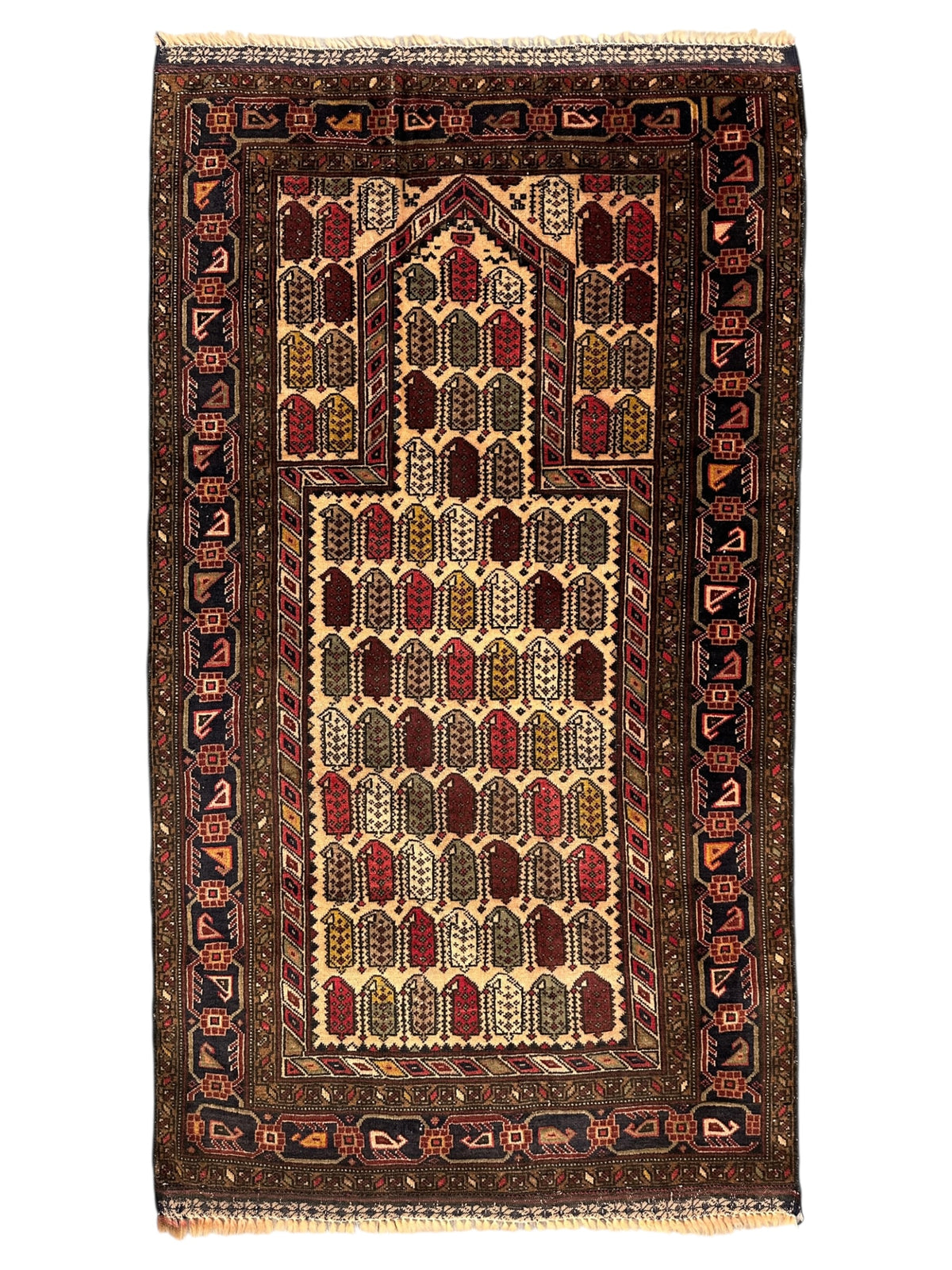 Afghan Baluch Prayer Rug 3x5 | Beige, Brown & Burgundy | Hand-Knotted Wool | 2'9" x 4'9"