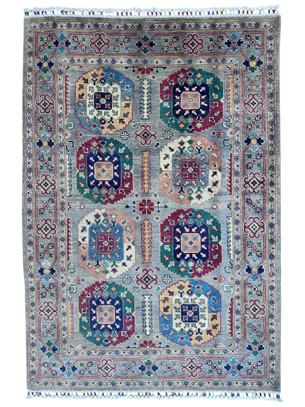 Afghan Kazak Rug 4'1" x 5'11", Hand-Knotted Wool, Gray