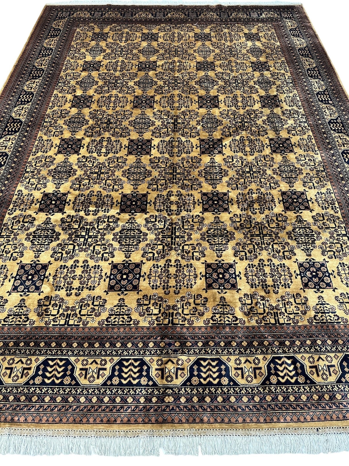 Afghan Turkmen Rug 8x12, Gold, Navy & Ivory, Hand-Knotted Wool, view 2