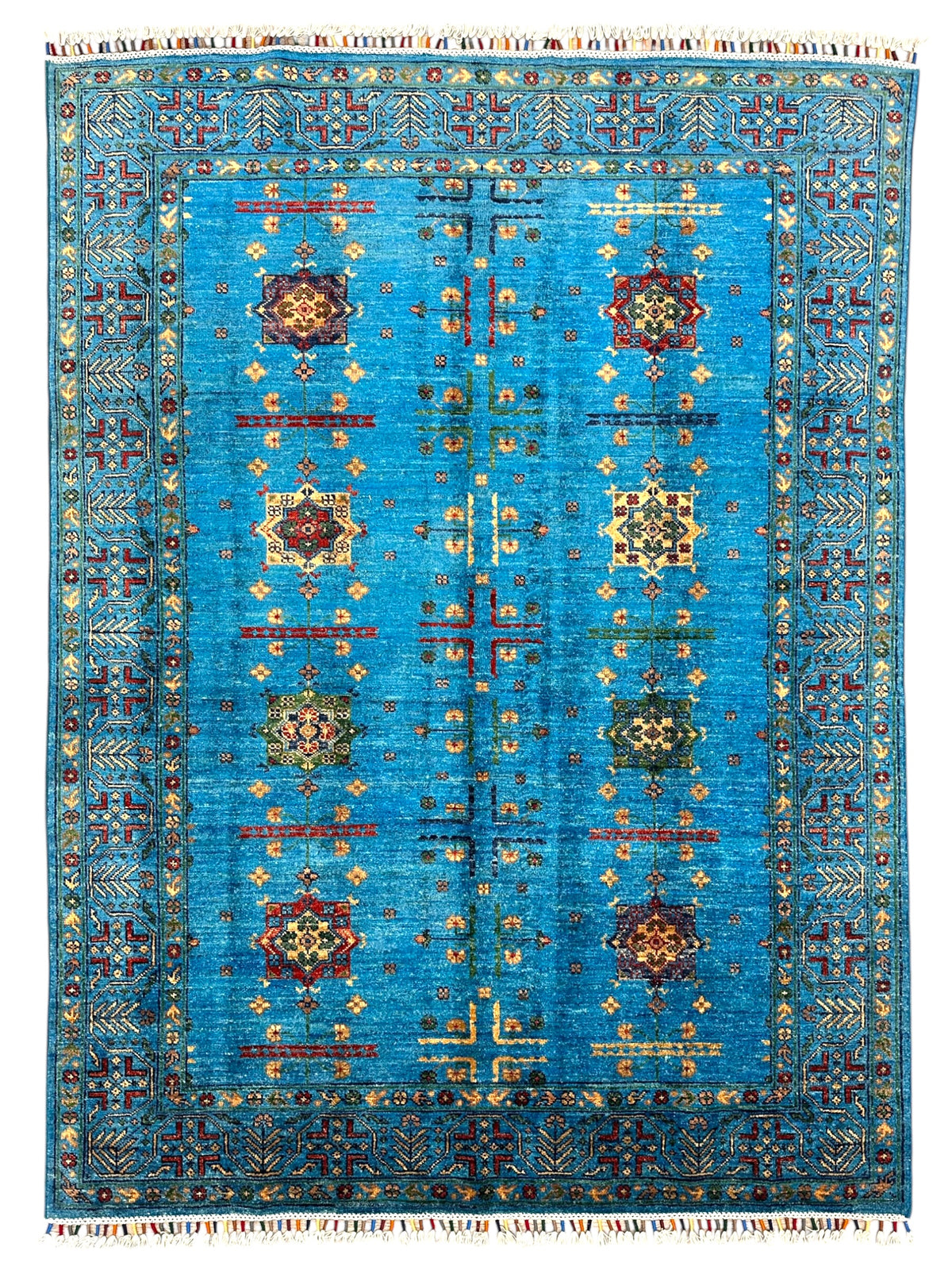 Afghan Chobi Rug 4'10" x 6'7", Hand-Knotted Wool, Blue, Red & Green