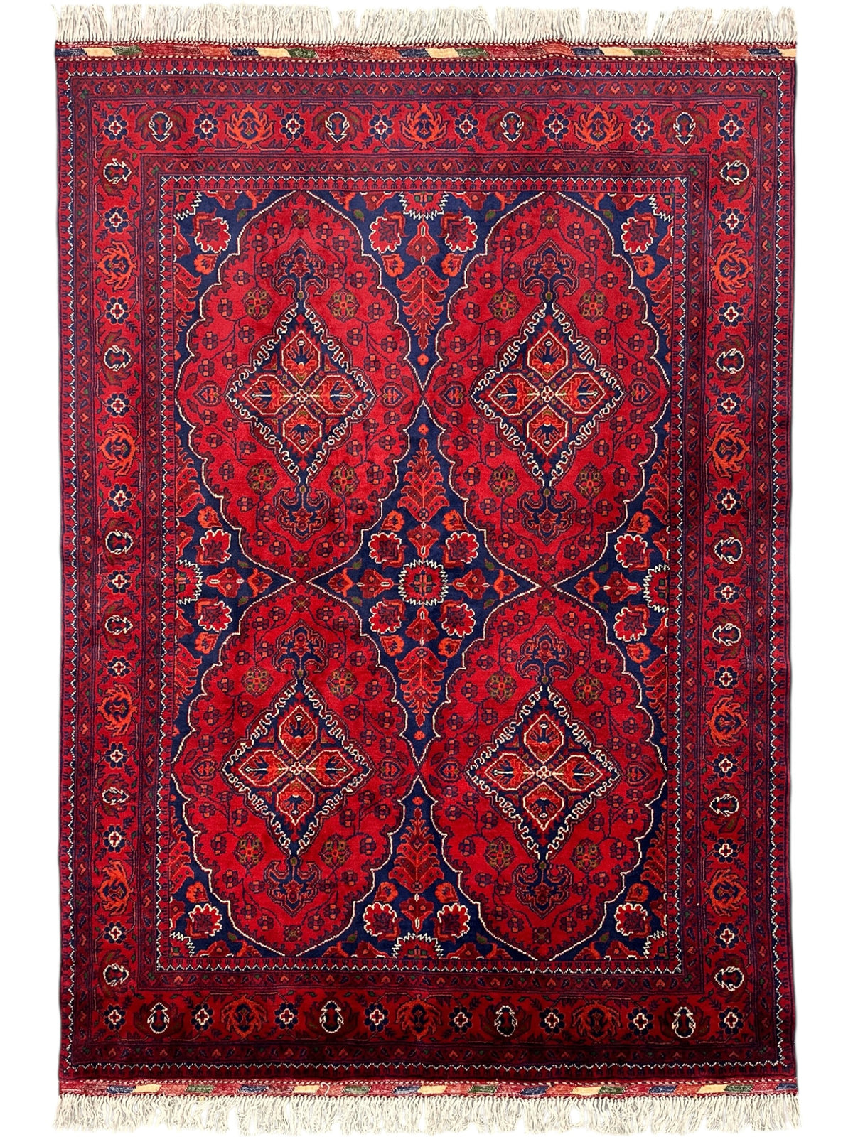 Afghan Ghazni Rug 4'11" x 6'10", Hand-Knotted Wool, Blue, Red & Ivory