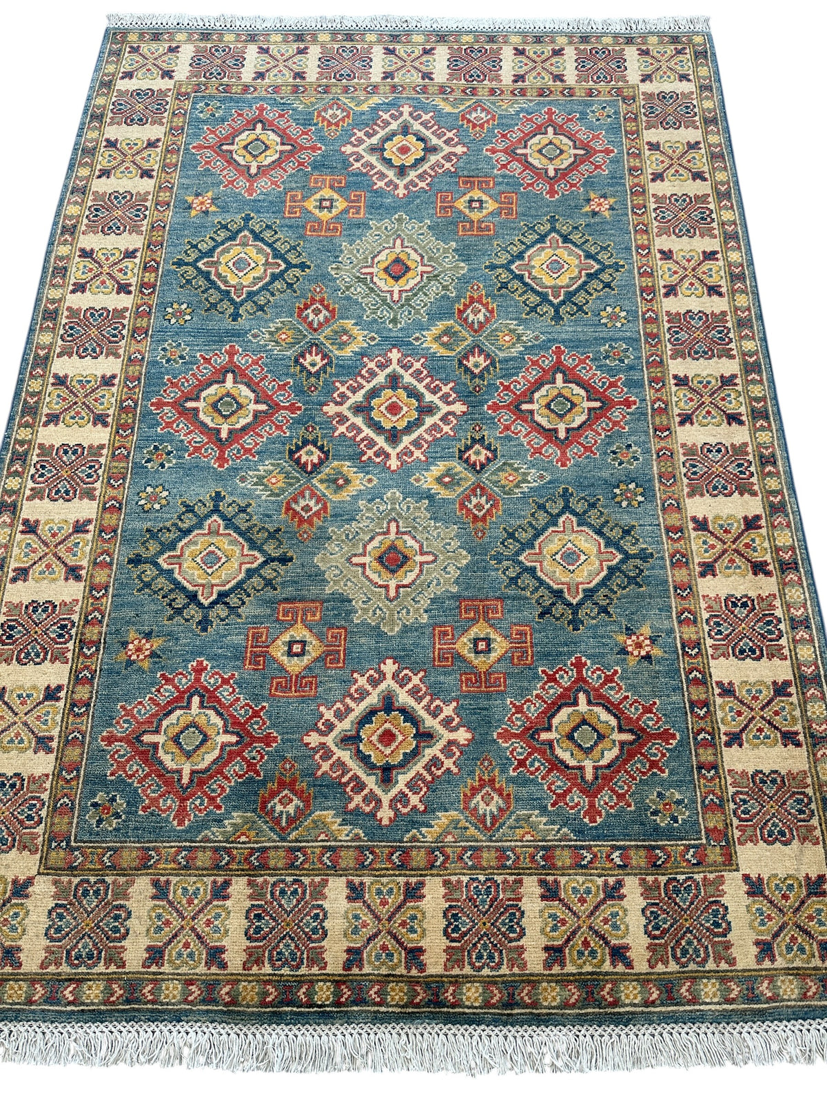 Afghan Kazak Stars Rug 4x6, Teal, Ivory & Red, Hand-Knotted Wool, view 2