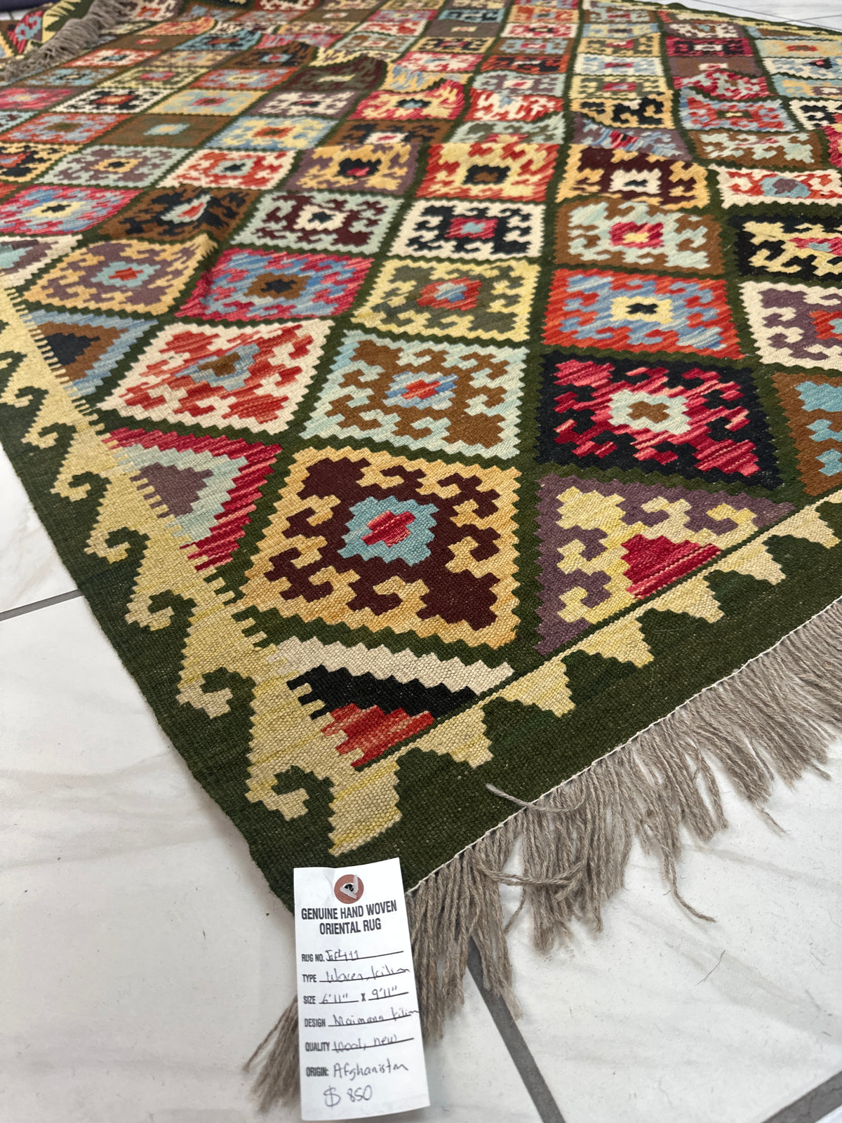 Afghan Kilim Rug 6'11" x 9'11", Hand-Woven Wool