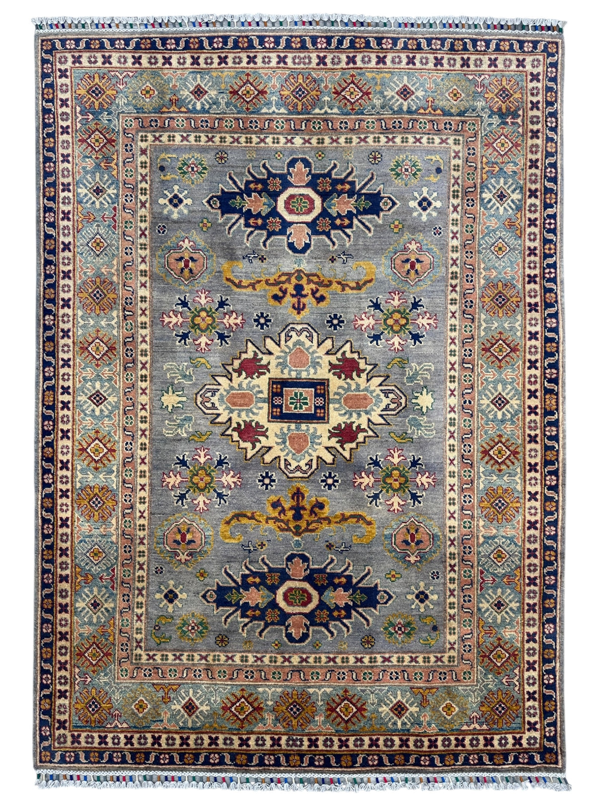 Afghan Kazak Rug 4'11" x 6'11", Hand-Knotted Wool, Gray, Navy & Ivory