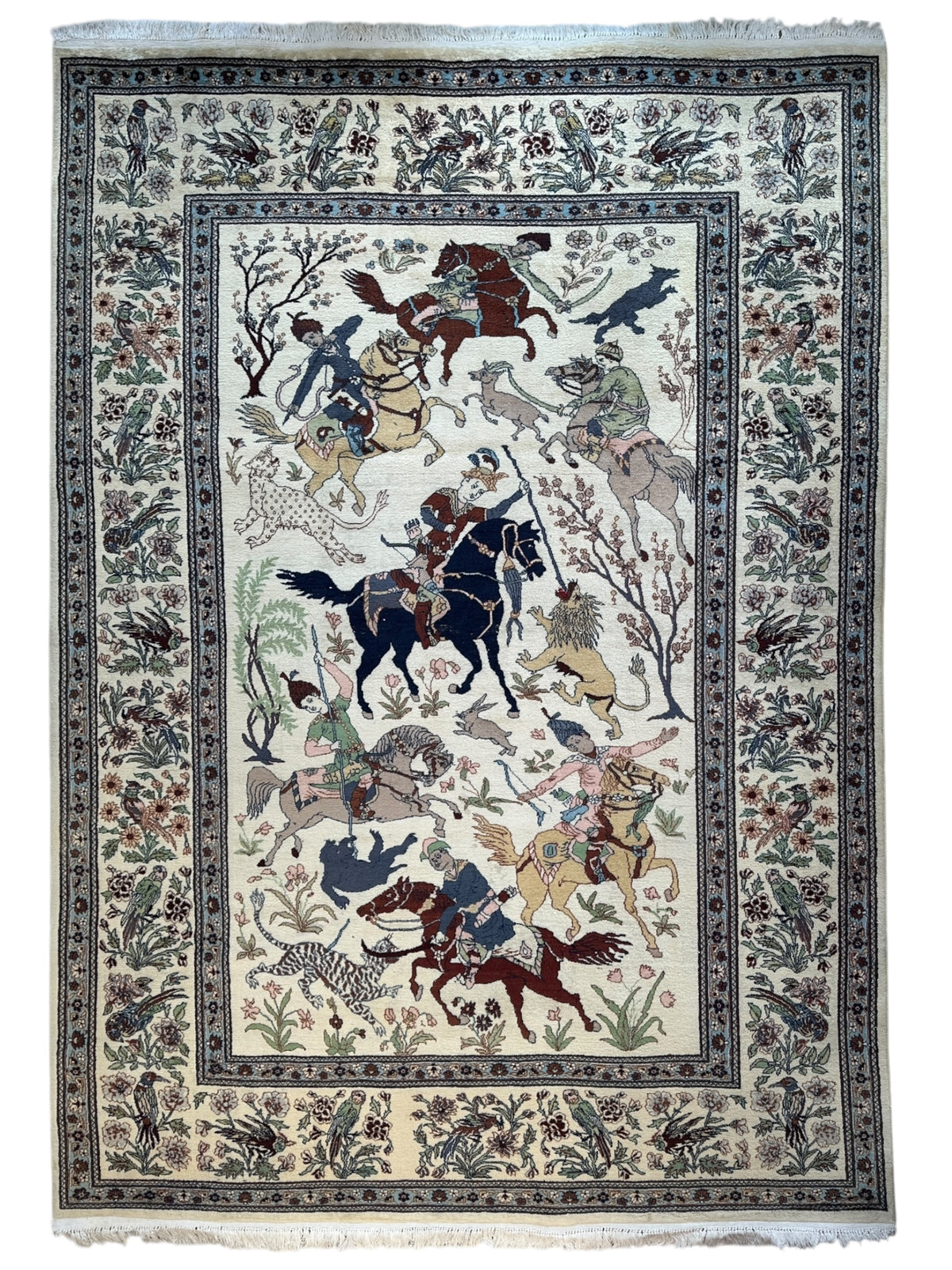Vintage Pakistani Pictorial Rug 8' x 11'3", Hand-Knotted Wool, 1950s