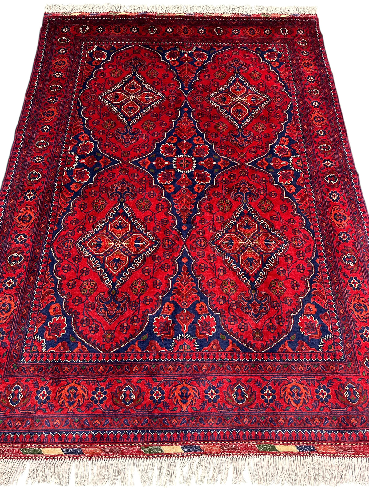 Afghan Ghazni Rug 4'11" x 6'10", Hand-Knotted Wool, Blue, Red & Ivory, view 2