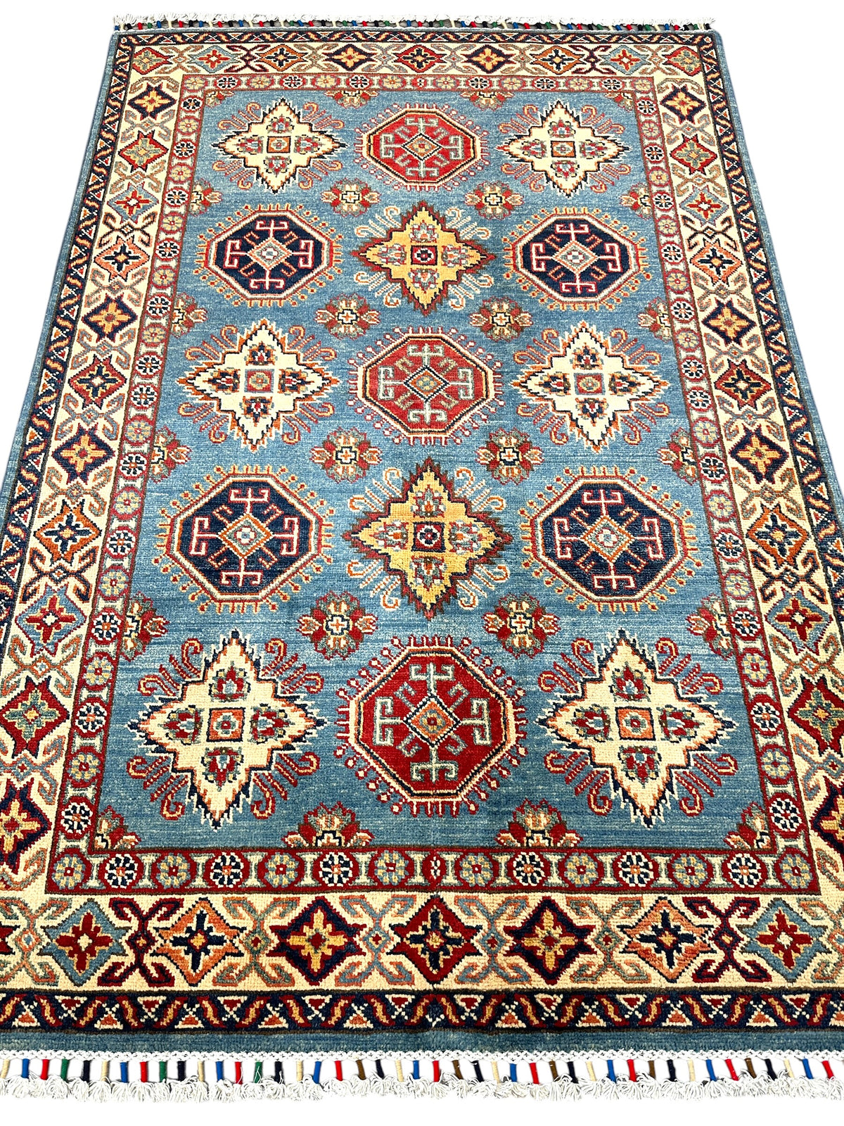 Afghan Kazak Stars Rug 4x6, Light Blue, Ivory & Red, Hand-Knotted Wool, view 2