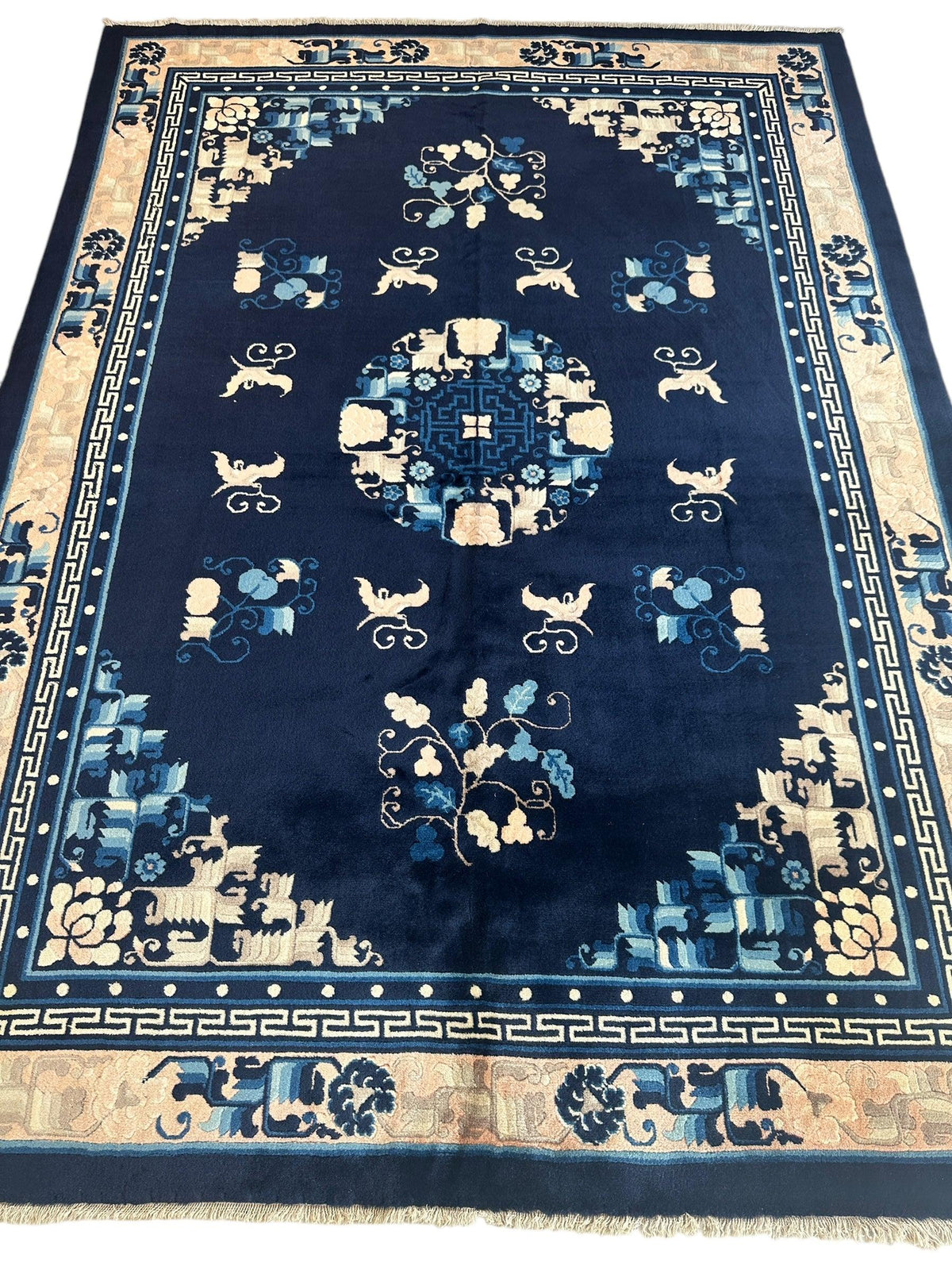Antique Chinese Rug 5'6" x 7'6", Hand-Knotted Wool, Navy & Cream, view 2