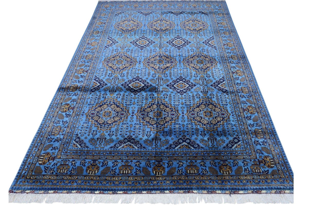 Afghan Zerkhaki Rug 6'6" x 10', Hand-Knotted Wool, Blue