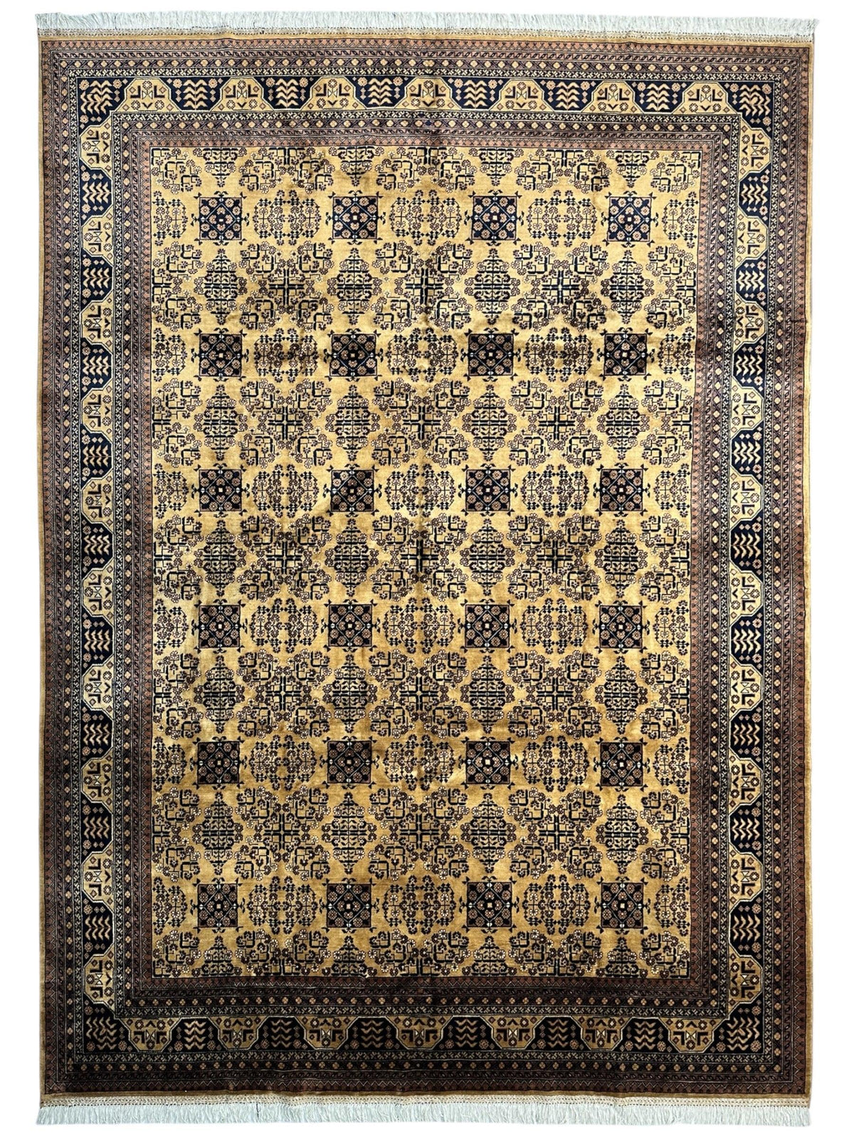 Afghan Turkmen Rug 8x12, Gold, Navy & Ivory, Hand-Knotted Wool