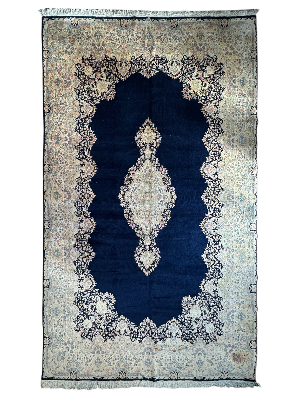 Vintage Persian Kerman Rug 9'9" x 17'2", Hand-Knotted Wool, Navy