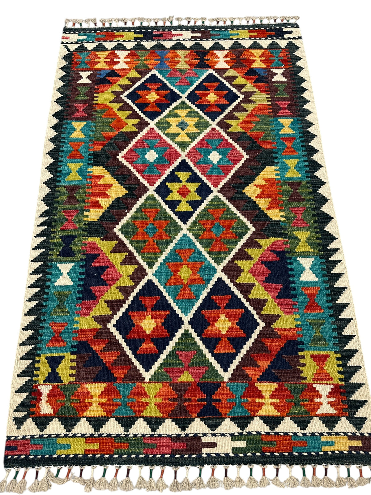 Afghan Kilim Rug 3x4, Black, Teal & Rust, Hand-Woven Wool Flatweave, view 2