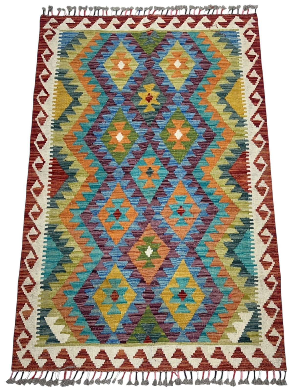 Afghan Kilim Rug 3x5, Rust, Ivory & Teal, Hand-Woven Wool Flatweave, view 2