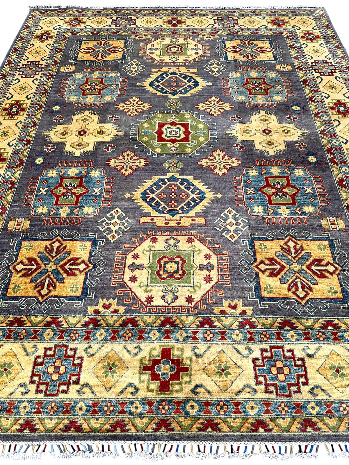 Afghan Kazak Rug 8x10, Gray, Gold & Light Blue, Hand-Knotted Wool, view 2