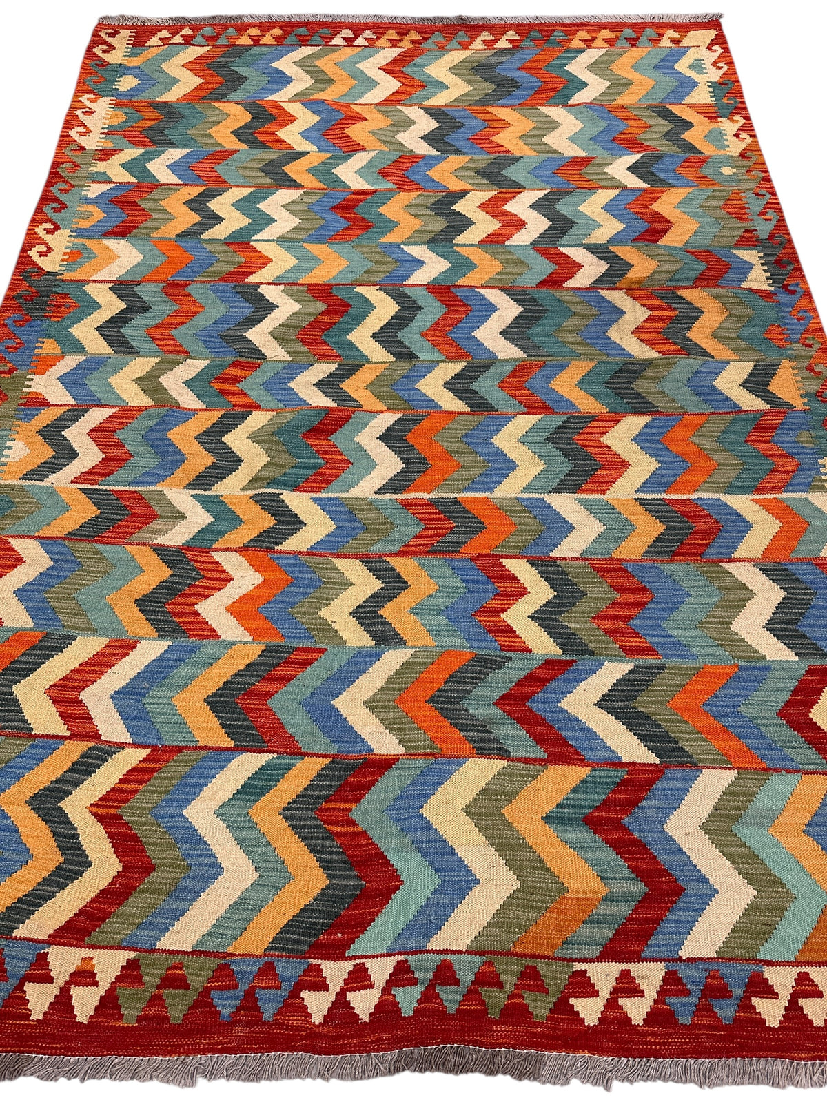 Afghan Kilim Rug 6x8, Red, Blue & Teal, Hand-Woven Wool Flatweave, view 2
