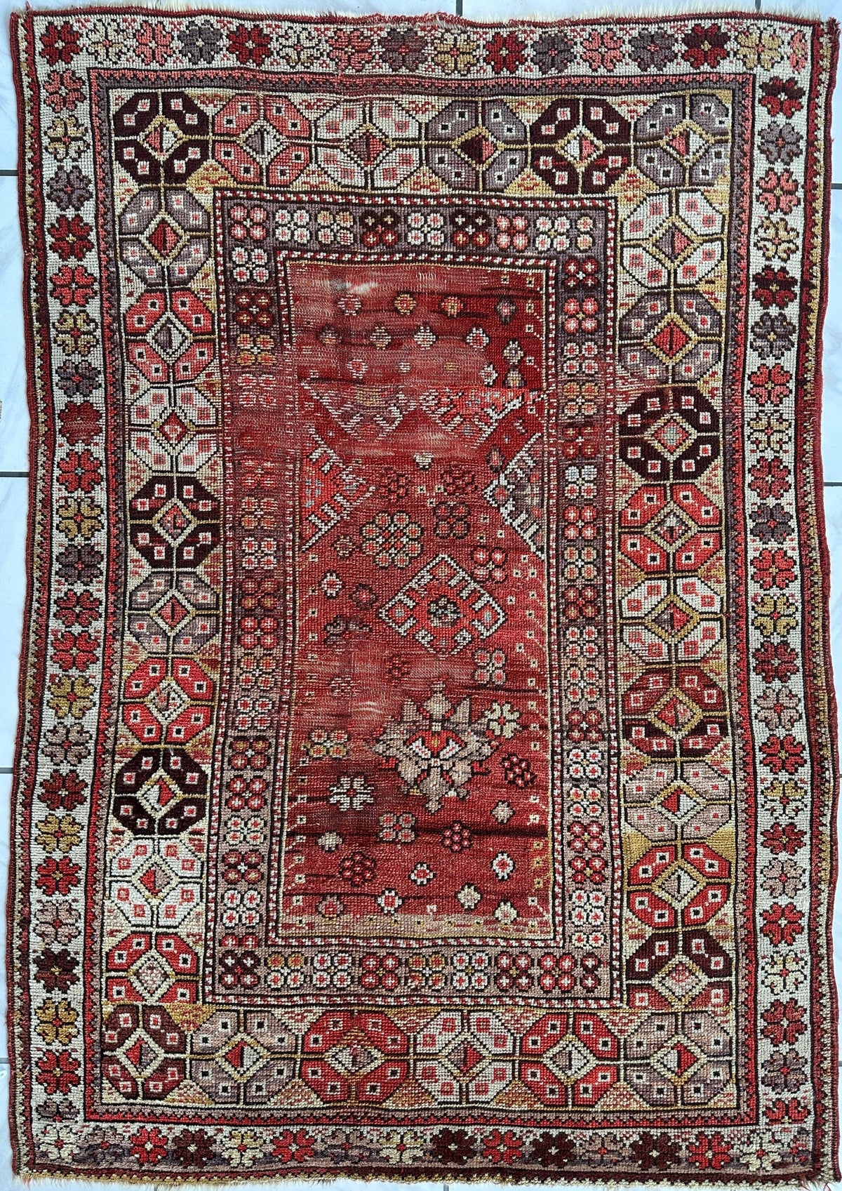 Antique Turkish Prayer Rug 4'3" x 5'11", Hand-Knotted Wool, 1920s