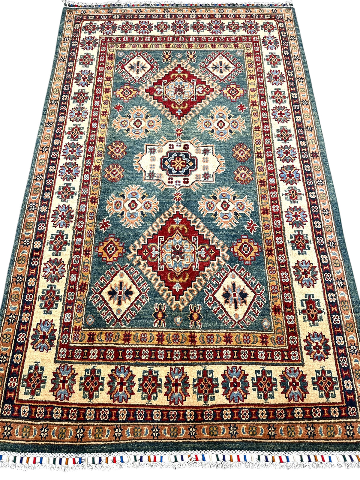 Afghan Kazak Rug 3'10" x 6'4", Hand-Knotted Wool, Teal, Red & Ivory, view 2