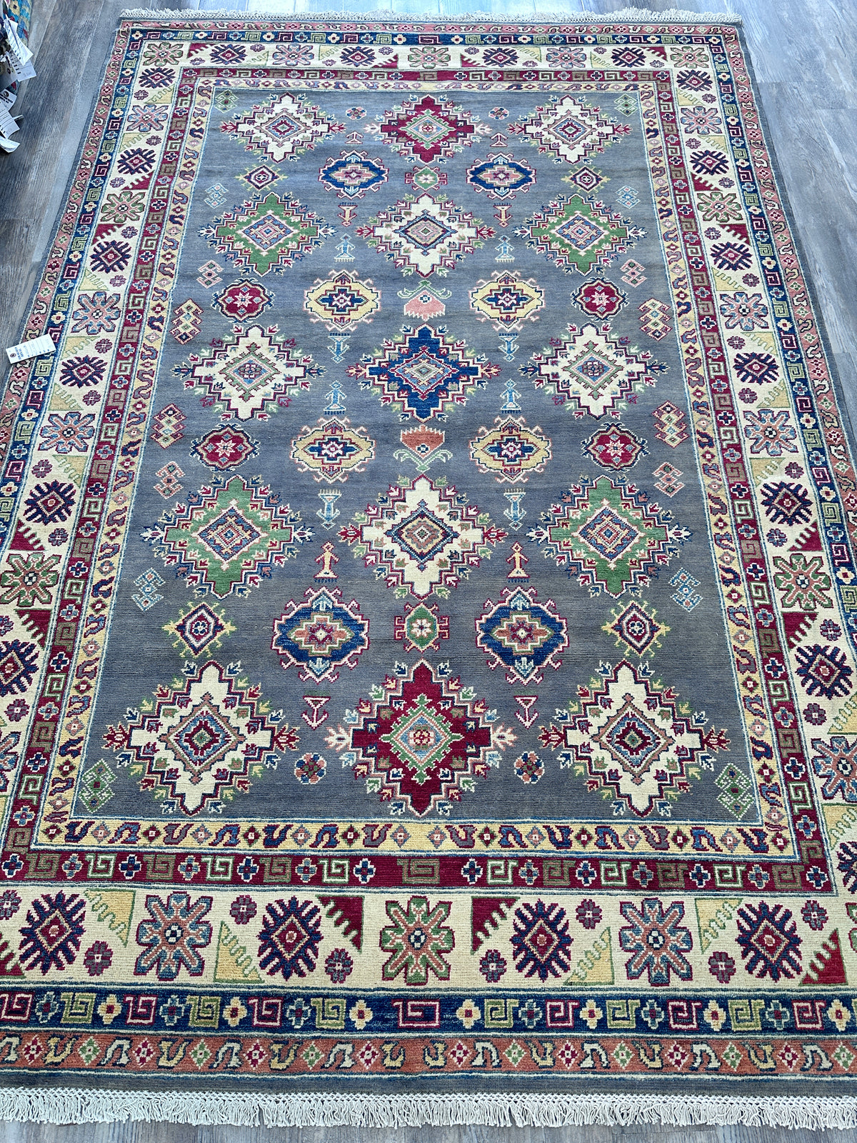 Afghan Kazak Rug 6'7" x 9'9", Hand-Knotted Wool, Gray, Blue & Red, view 2