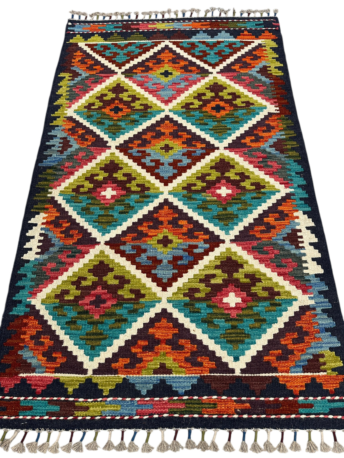 Afghan Kilim Rug 3x4, Navy, Rust & Olive Green, Diamond Lattice Wool Flatweave, view 2