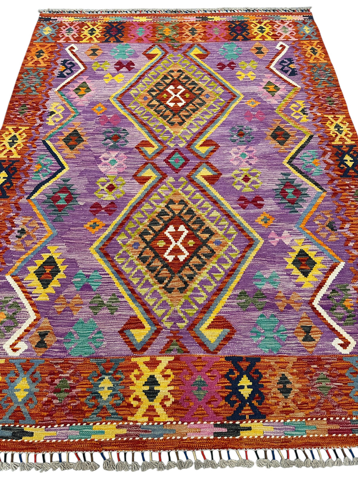 Afghan Kilim Rug 6x7, Purple, Rust & Orange, Hand-Woven Wool Flatweave, view 2